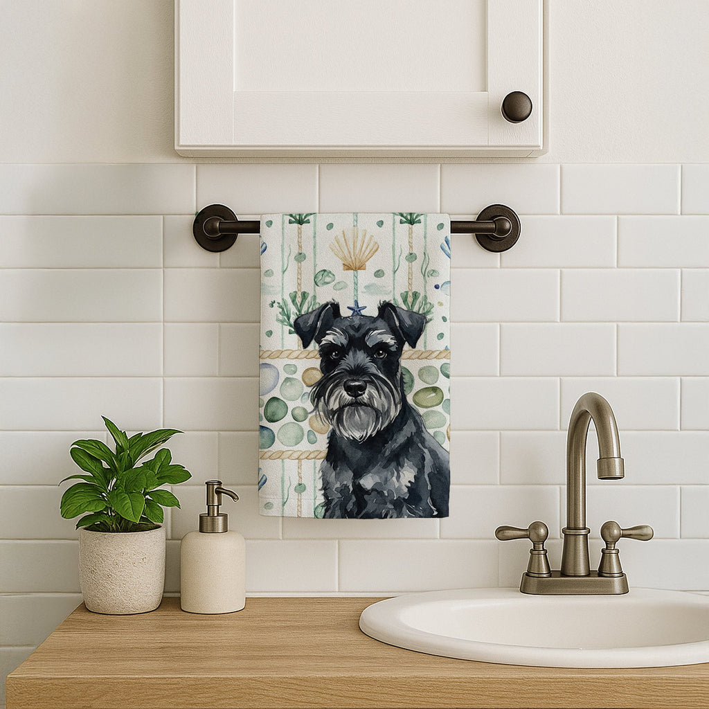 Black Miniature Schnauzer Coastal Sea Glass Kitchen Towel Velour Plush Front and Cotton Loop Back Machine Washable