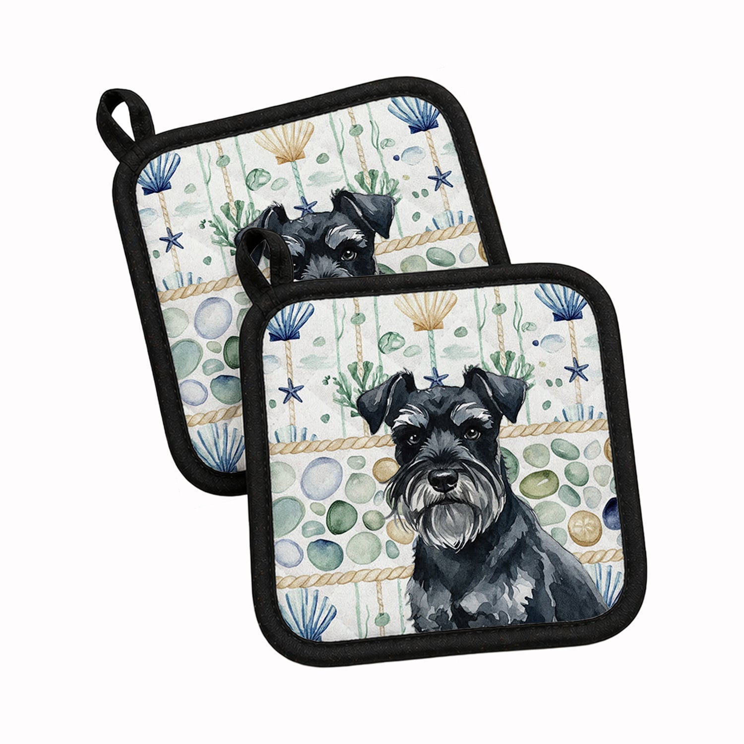 Black Miniature Schnauzer Coastal Sea Glass Pot Holder Set of 2 Heat Resistant Quilted Hot Pads 7.5 x 7.5 Inch, Insulated Kitchen Trivets for Cooking & Baking