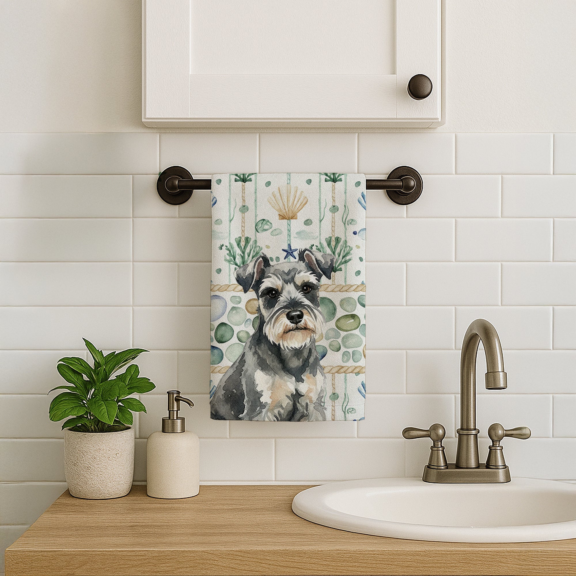 Miniature Schnauzer Coastal Sea Glass Kitchen Towel Velour Plush Front and Cotton Loop Back Machine Washable