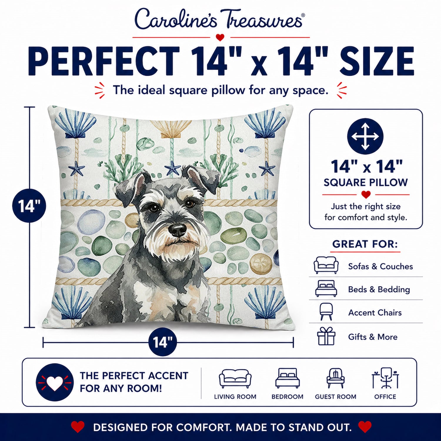 Miniature Schnauzer Coastal Sea Glass Decorative Throw Pillow 14x14 Indoor Outdoor Accent Cushion, Fabric Cover with Insert for Sofa, Bed, Porch & Living Room