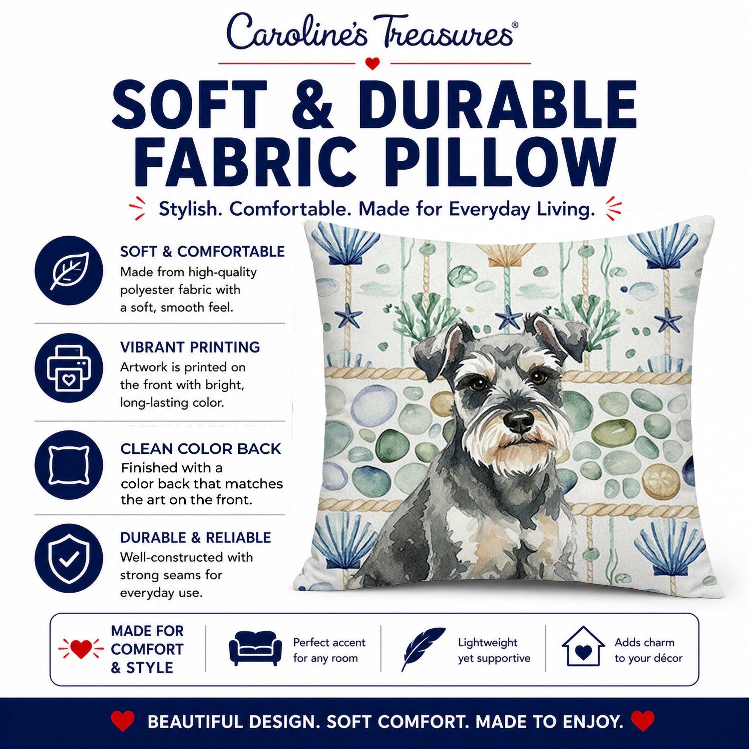 Miniature Schnauzer Coastal Sea Glass Decorative Throw Pillow 18x18 Indoor Outdoor Accent Cushion, Fabric Cover with Insert for Sofa, Bed, Porch & Living Room