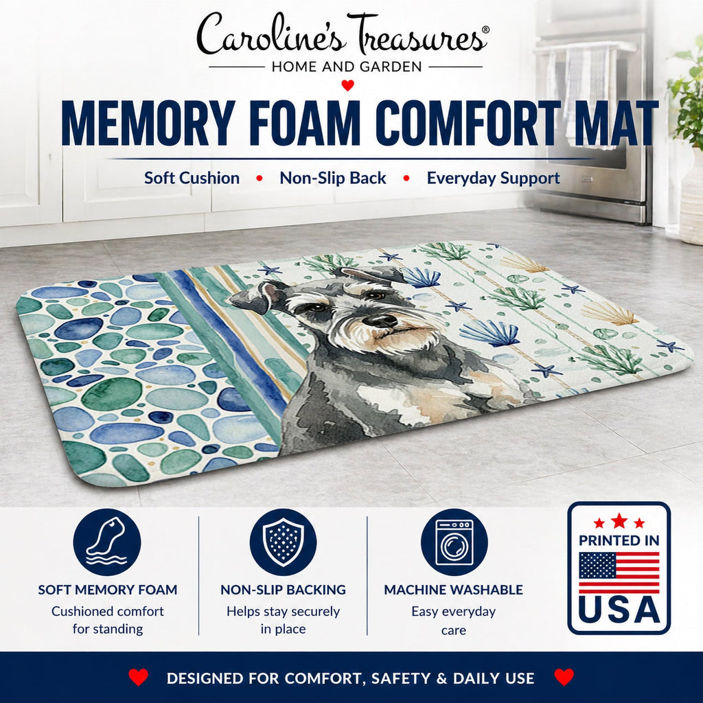 Miniature Schnauzer Coastal Sea Glass Memory Foam Kitchen Mat Machine Washable Anti-Fatigue Cushion Comfort Bath or Kitchen Rug