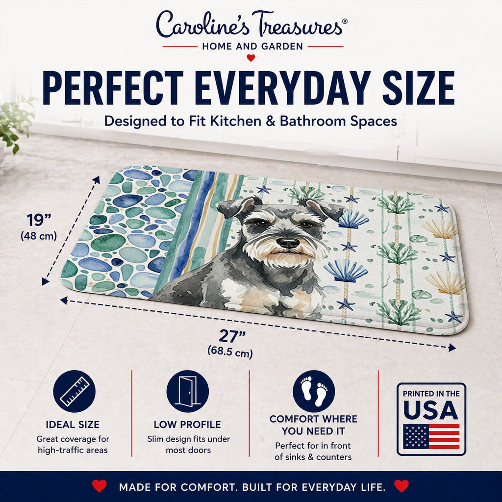 Miniature Schnauzer Coastal Sea Glass Memory Foam Kitchen Mat Machine Washable Anti-Fatigue Cushion Comfort Bath or Kitchen Rug