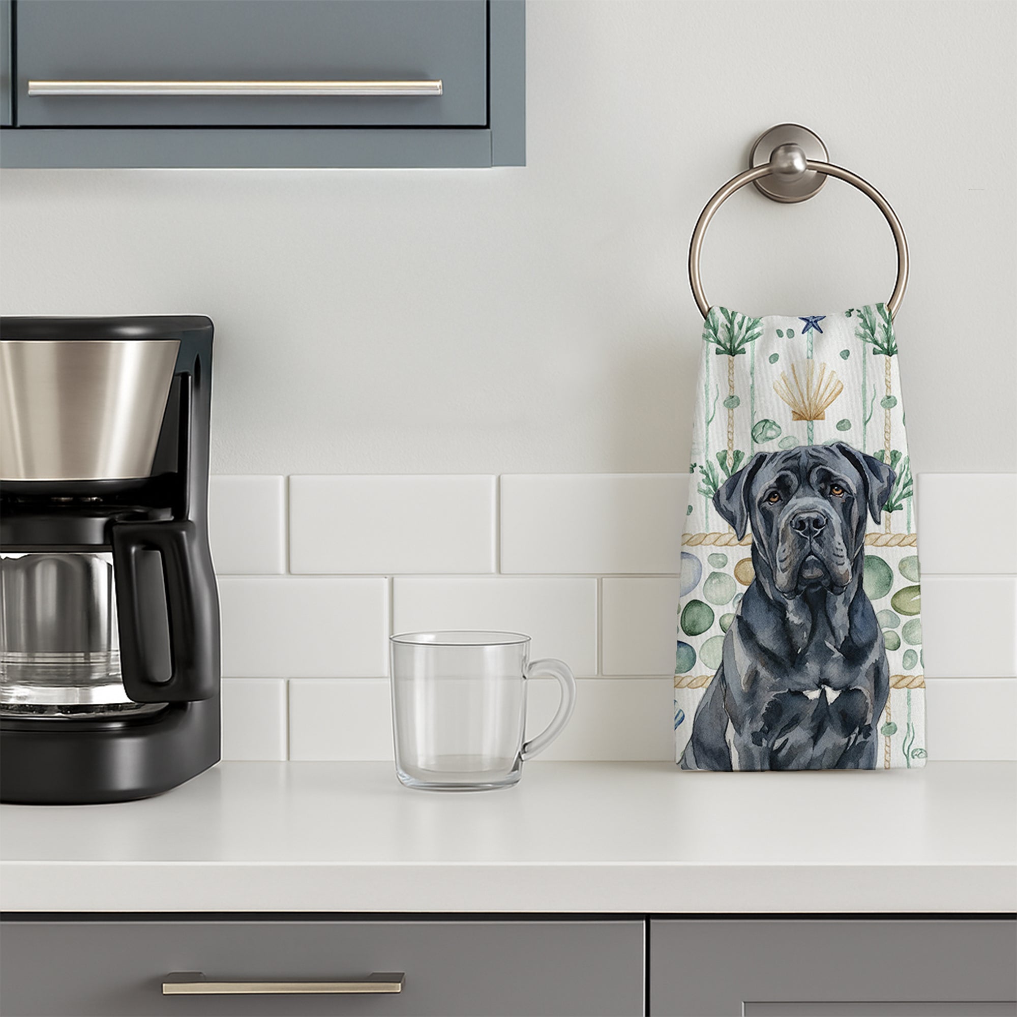 Black Neapolitan Mastiff Coastal Sea Glass Kitchen Towel Velour Plush Front and Cotton Loop Back Machine Washable