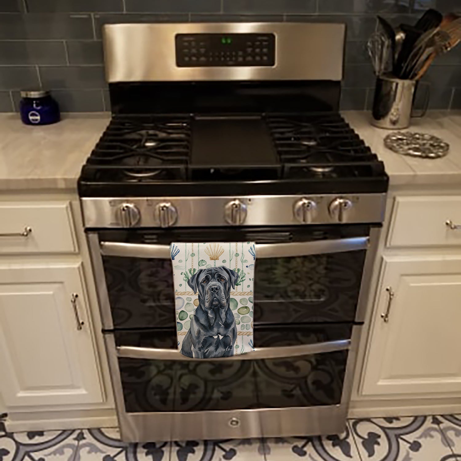 Black Neapolitan Mastiff Coastal Sea Glass Kitchen Towel Velour Plush Front and Cotton Loop Back Machine Washable