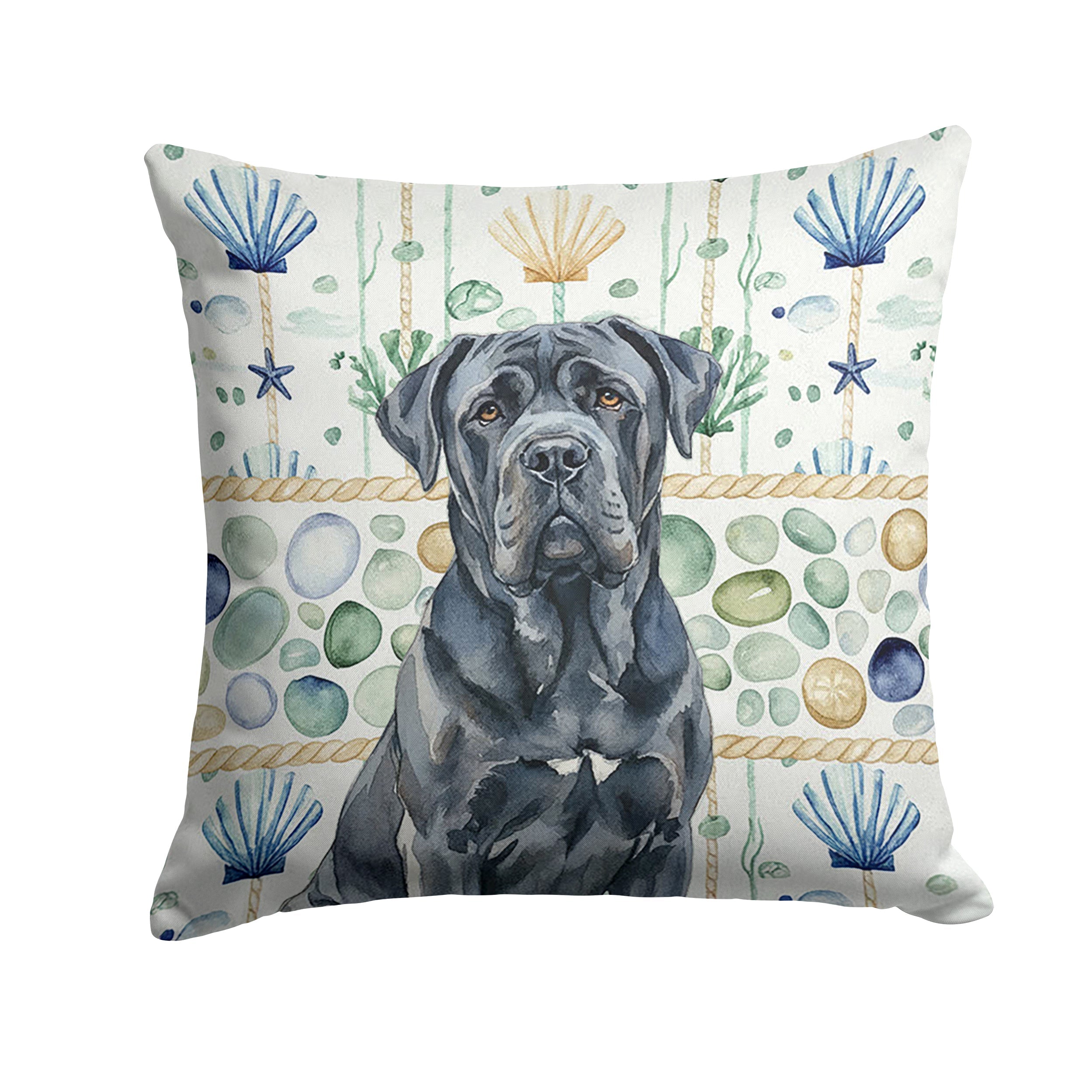 Black Neapolitan Mastiff Coastal Sea Glass Decorative Throw Pillow 14x14 Indoor Outdoor Accent Cushion, Fabric Cover with Insert for Sofa, Bed, Porch & Living Room