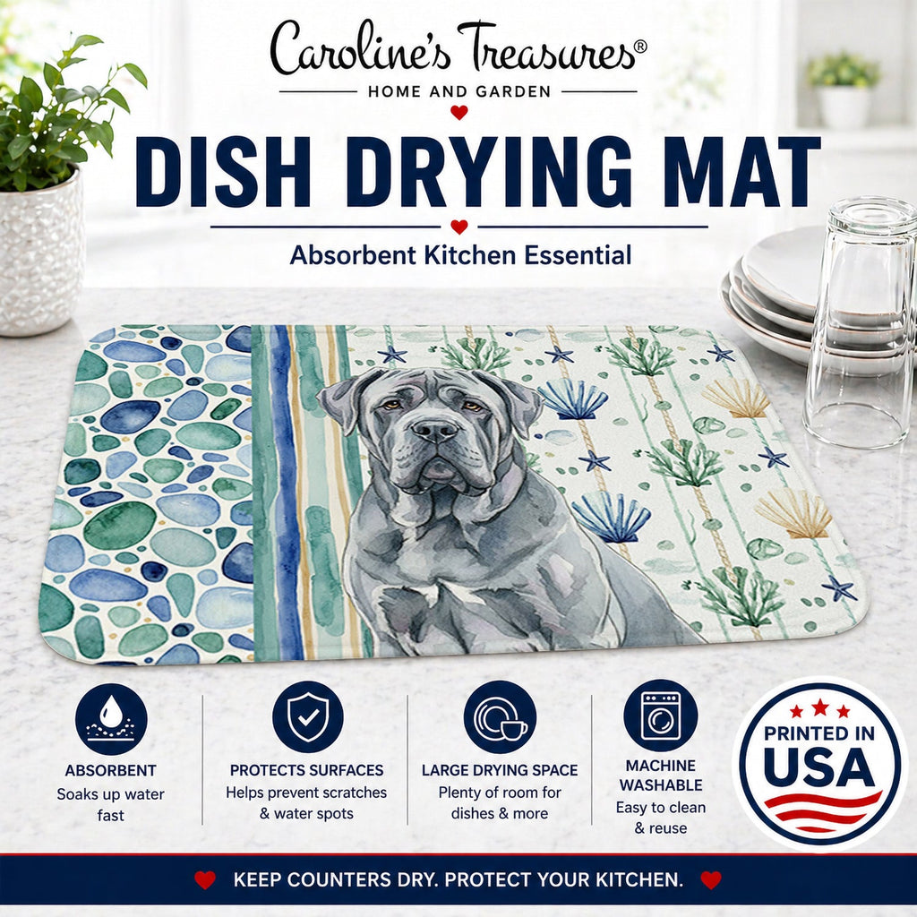 Blue Neapolitan Mastiff Coastal Sea Glass Dish Drying Mat Absorbent Dish Drying Mat Pad for Kitchen Counter Dish Drainer Mat for Countertop, 14 x 21", Multicolor