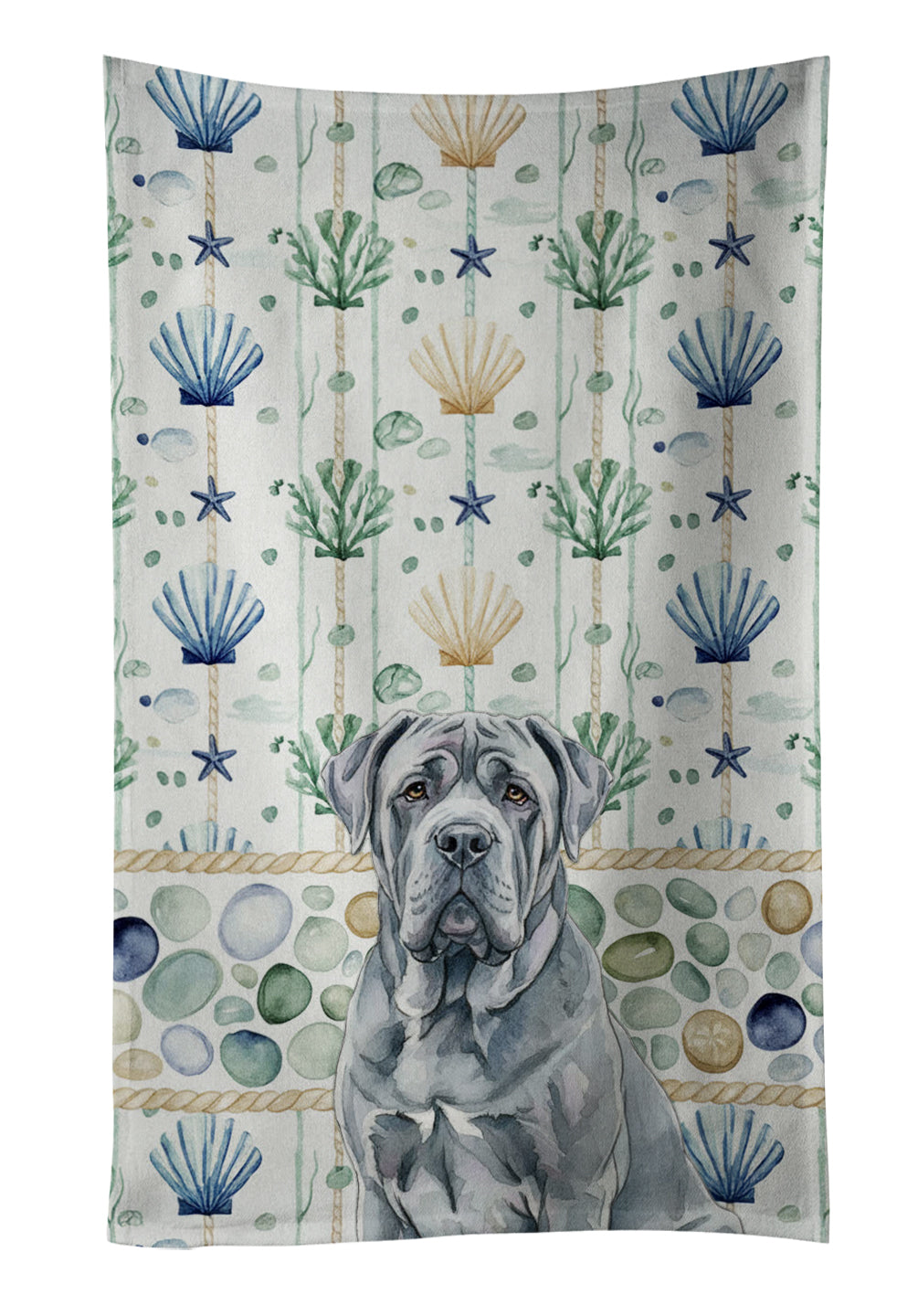 Blue Neapolitan Mastiff Coastal Sea Glass Kitchen Towel Velour Plush Front and Cotton Loop Back Machine Washable
