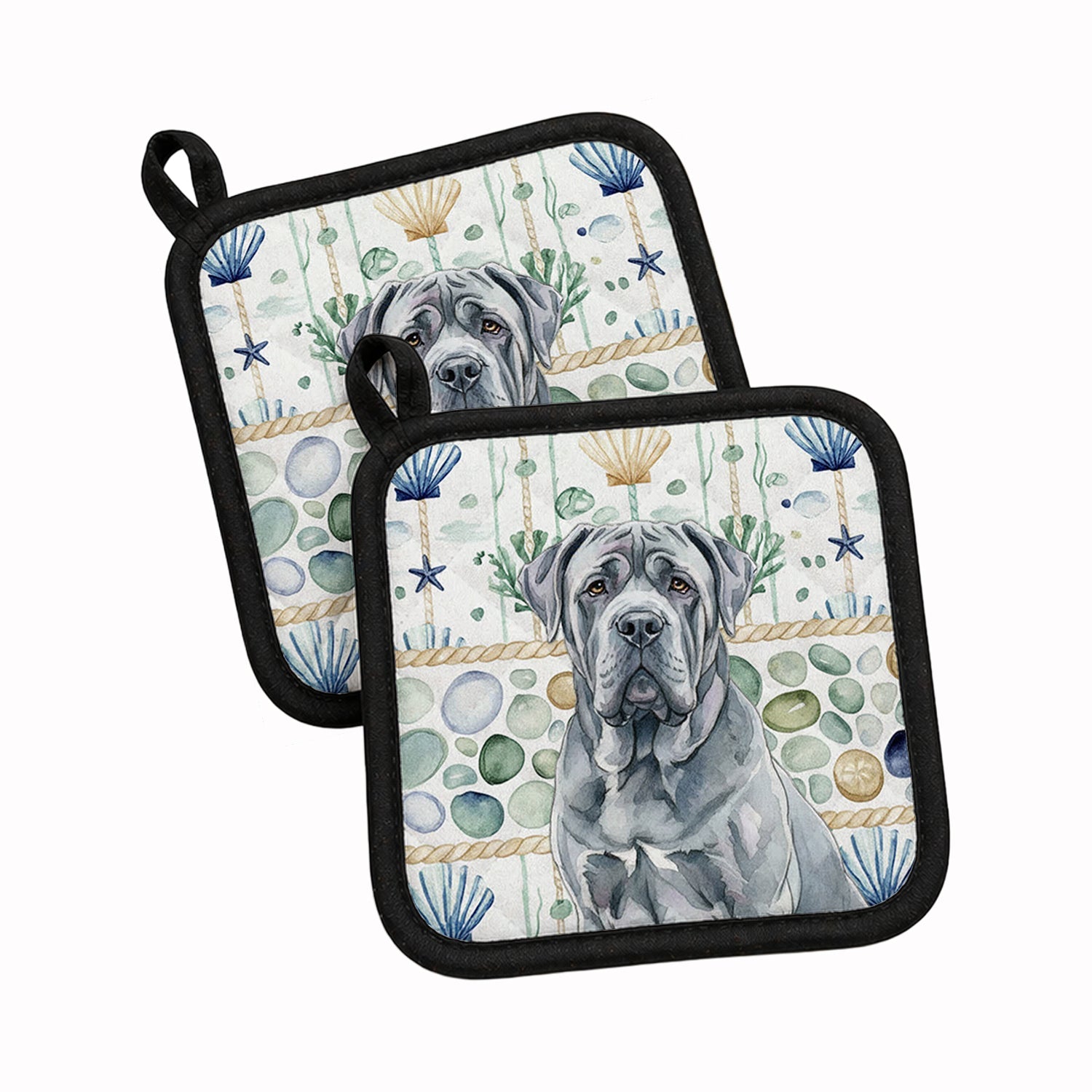 Blue Neapolitan Mastiff Coastal Sea Glass Pot Holder Set of 2 Heat Resistant Quilted Hot Pads 7.5 x 7.5 Inch, Insulated Kitchen Trivets for Cooking & Baking