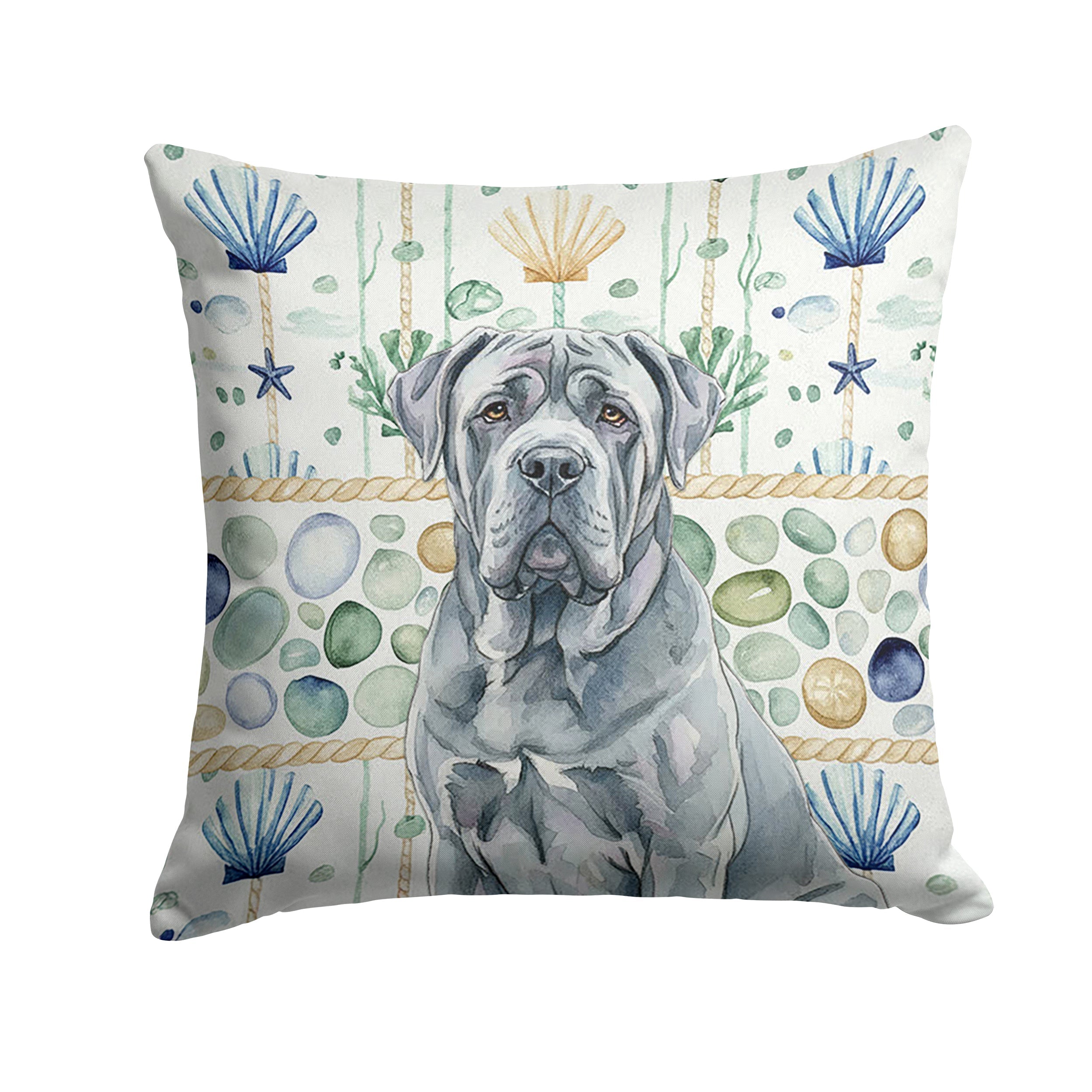 Blue Neapolitan Mastiff Coastal Sea Glass Decorative Throw Pillow 14x14 Indoor Outdoor Accent Cushion, Fabric Cover with Insert for Sofa, Bed, Porch & Living Room