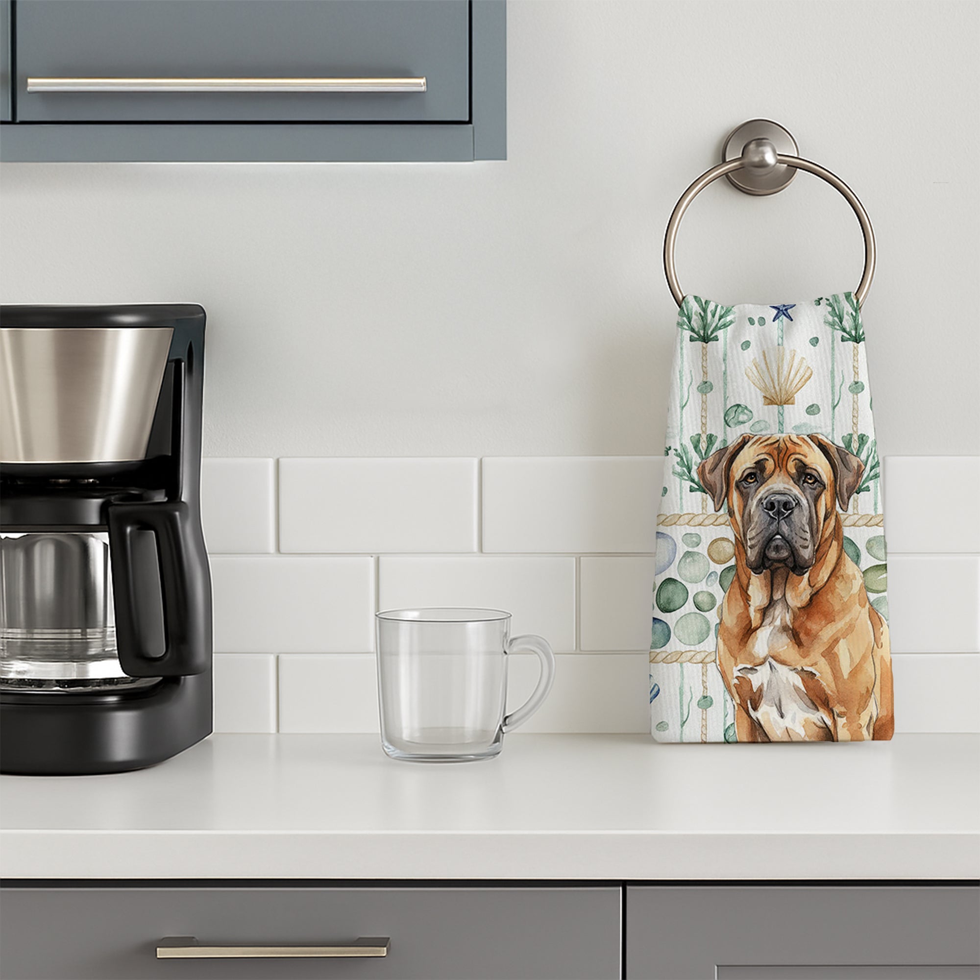 Neapolitan Mastiff Coastal Sea Glass Kitchen Towel Velour Plush Front and Cotton Loop Back Machine Washable