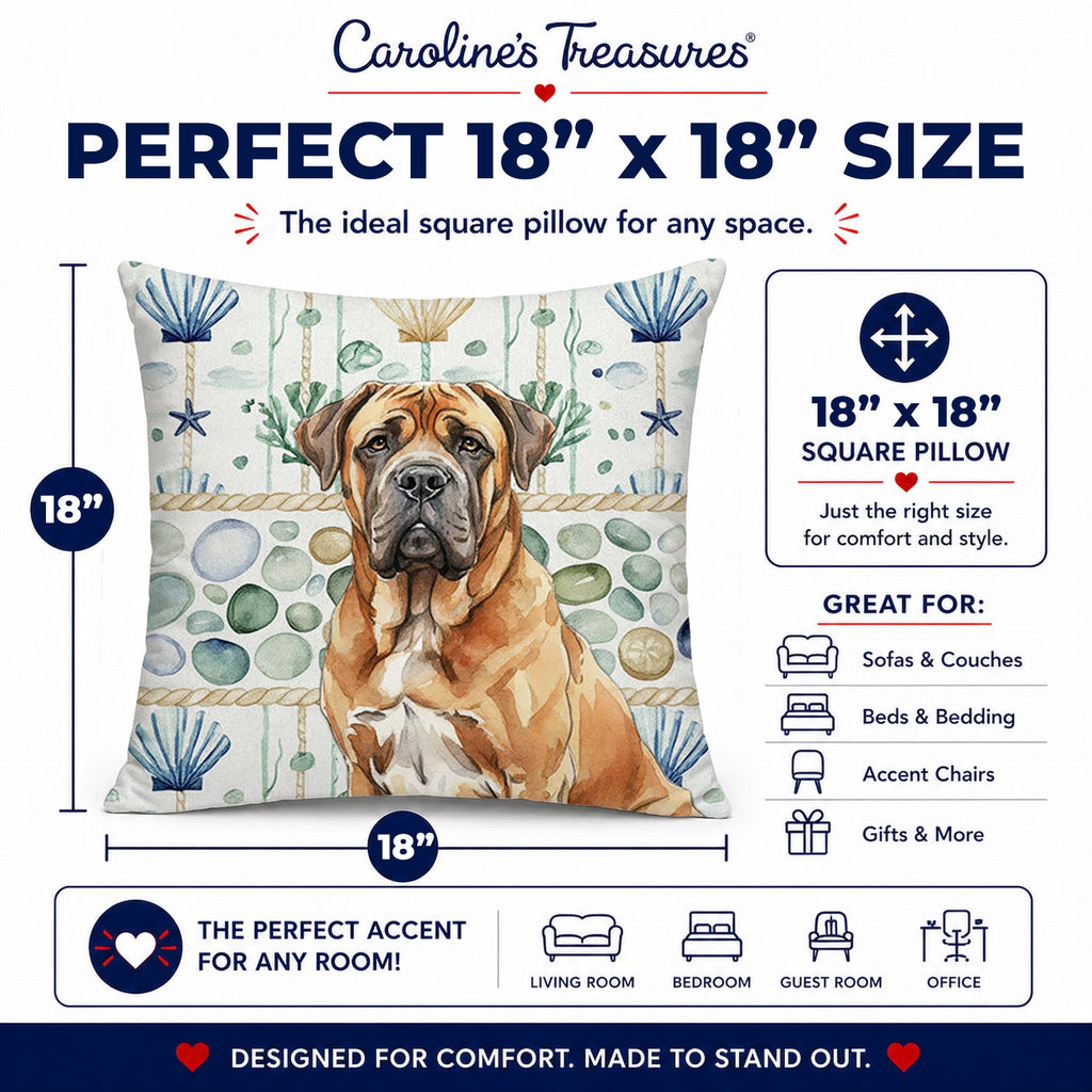 Neapolitan Mastiff Coastal Sea Glass Decorative Throw Pillow 18x18 Indoor Outdoor Accent Cushion, Fabric Cover with Insert for Sofa, Bed, Porch & Living Room