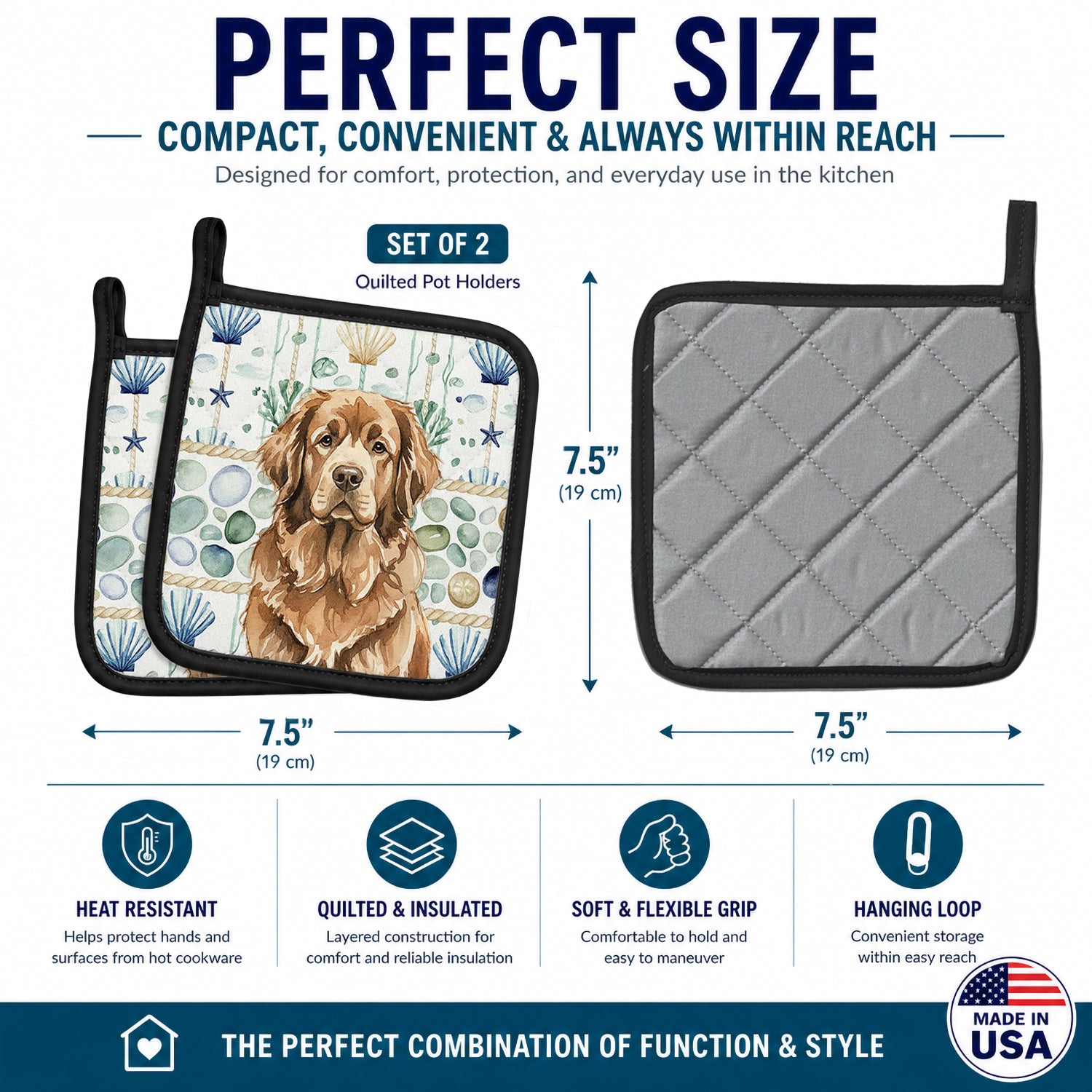 Brown Newfoundland Coastal Sea Glass Pot Holder Set of 2 Heat Resistant Quilted Hot Pads 7.5 x 7.5 Inch, Insulated Kitchen Trivets for Cooking & Baking