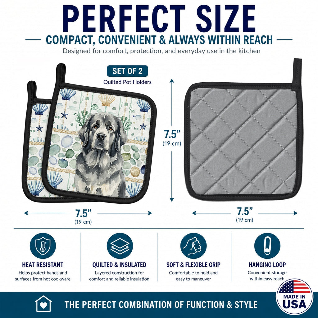 Gray Newfoundland Coastal Sea Glass Pot Holder Set of 2 Heat Resistant Quilted Hot Pads 7.5 x 7.5 Inch, Insulated Kitchen Trivets for Cooking & Baking
