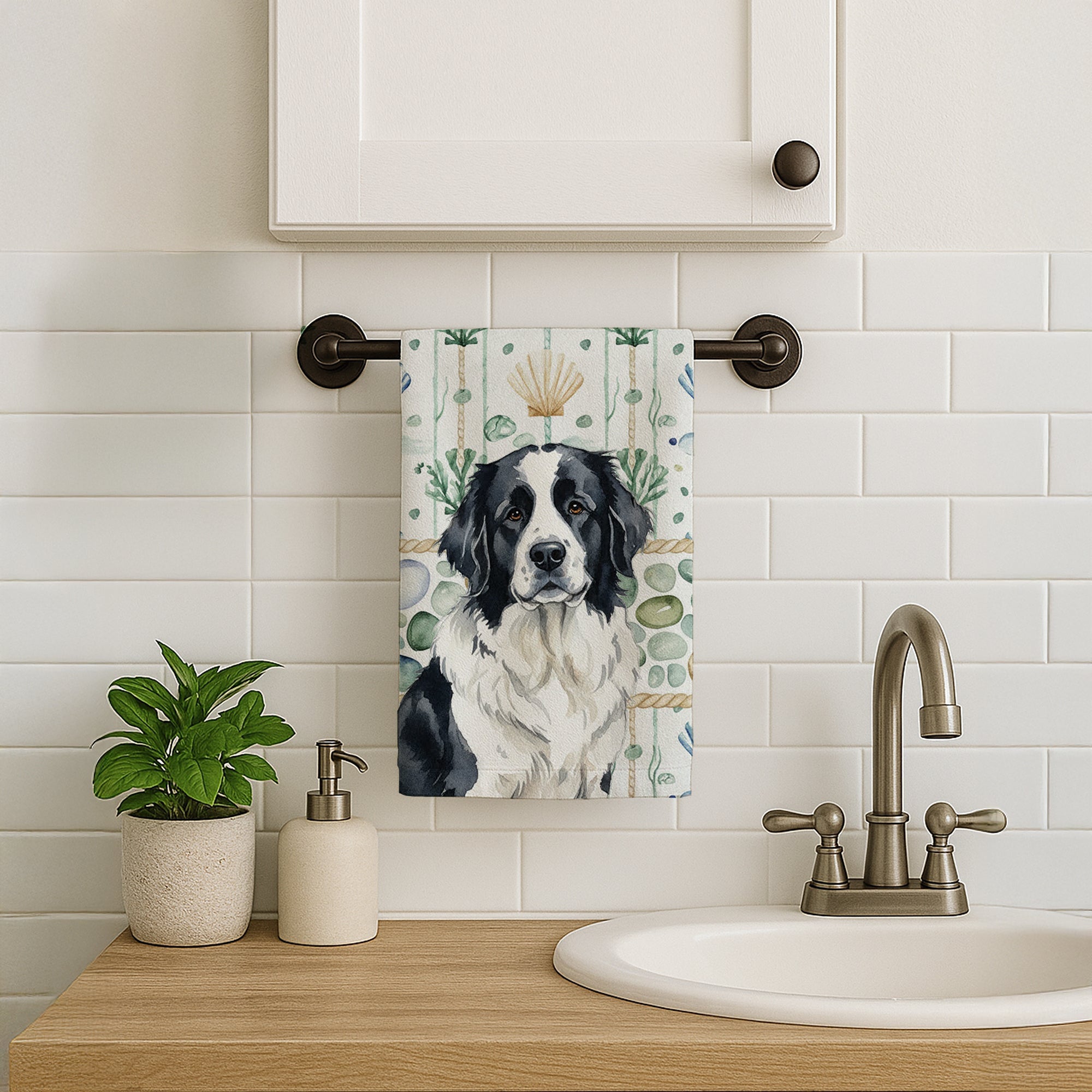Landseer Newfoundland Coastal Sea Glass Kitchen Towel Velour Plush Front and Cotton Loop Back Machine Washable