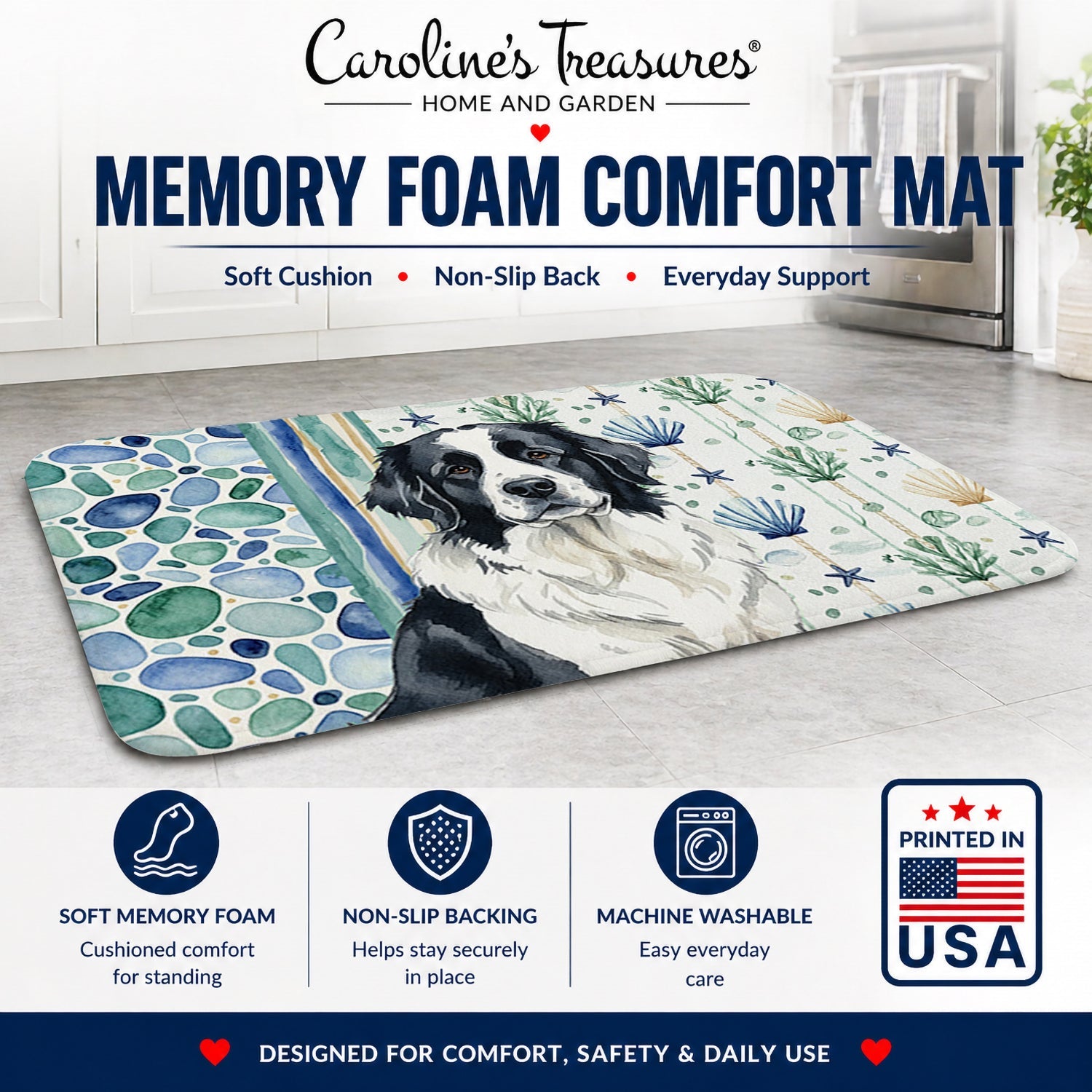 Landseer Newfoundland Coastal Sea Glass Memory Foam Kitchen Mat Machine Washable Anti-Fatigue Cushion Comfort Bath or Kitchen Rug