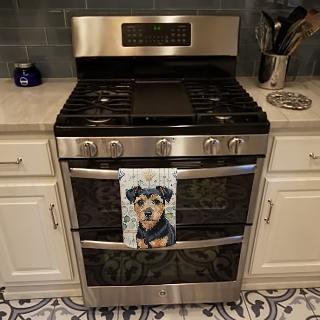 Black and Tan Norfolk Terrier Coastal Sea Glass Kitchen Towel Velour Plush Front and Cotton Loop Back Machine Washable