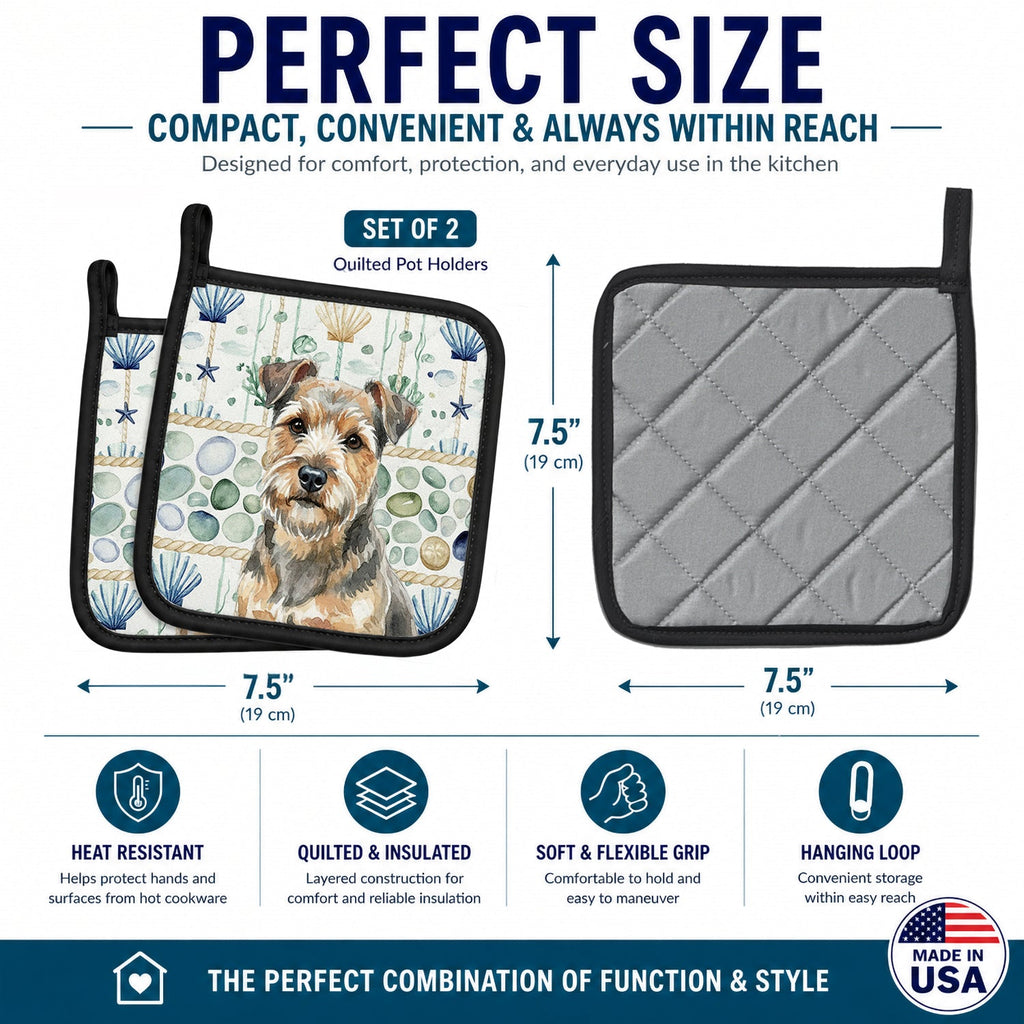 Grizzle and Tan Norfolk Terrier Coastal Sea Glass Pot Holder Set of 2 Heat Resistant Quilted Hot Pads 7.5 x 7.5 Inch, Insulated Kitchen Trivets for Cooking & Baking