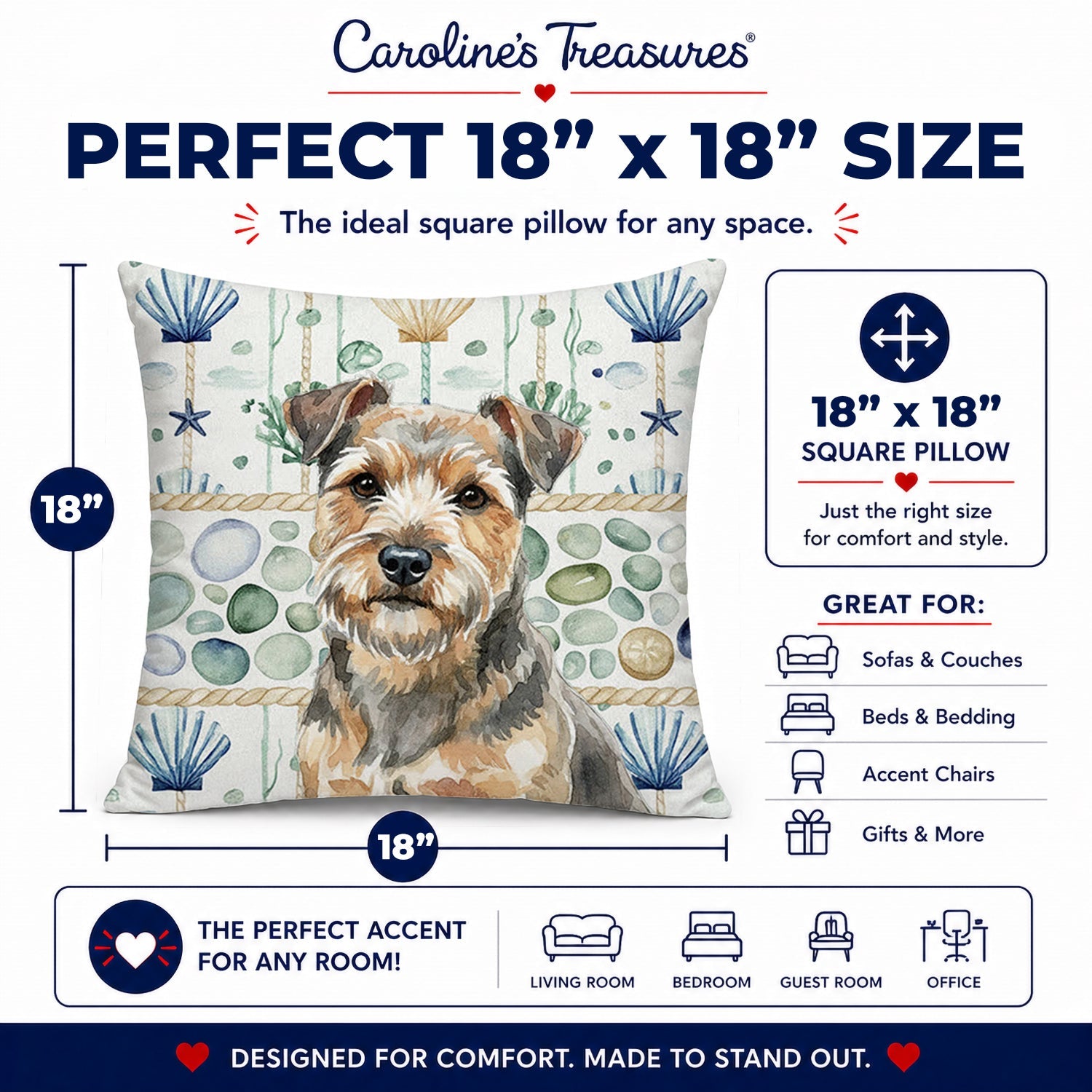 Grizzle and Tan Norfolk Terrier Coastal Sea Glass Decorative Throw Pillow 18x18 Indoor Outdoor Accent Cushion, Fabric Cover with Insert for Sofa, Bed, Porch & Living Room