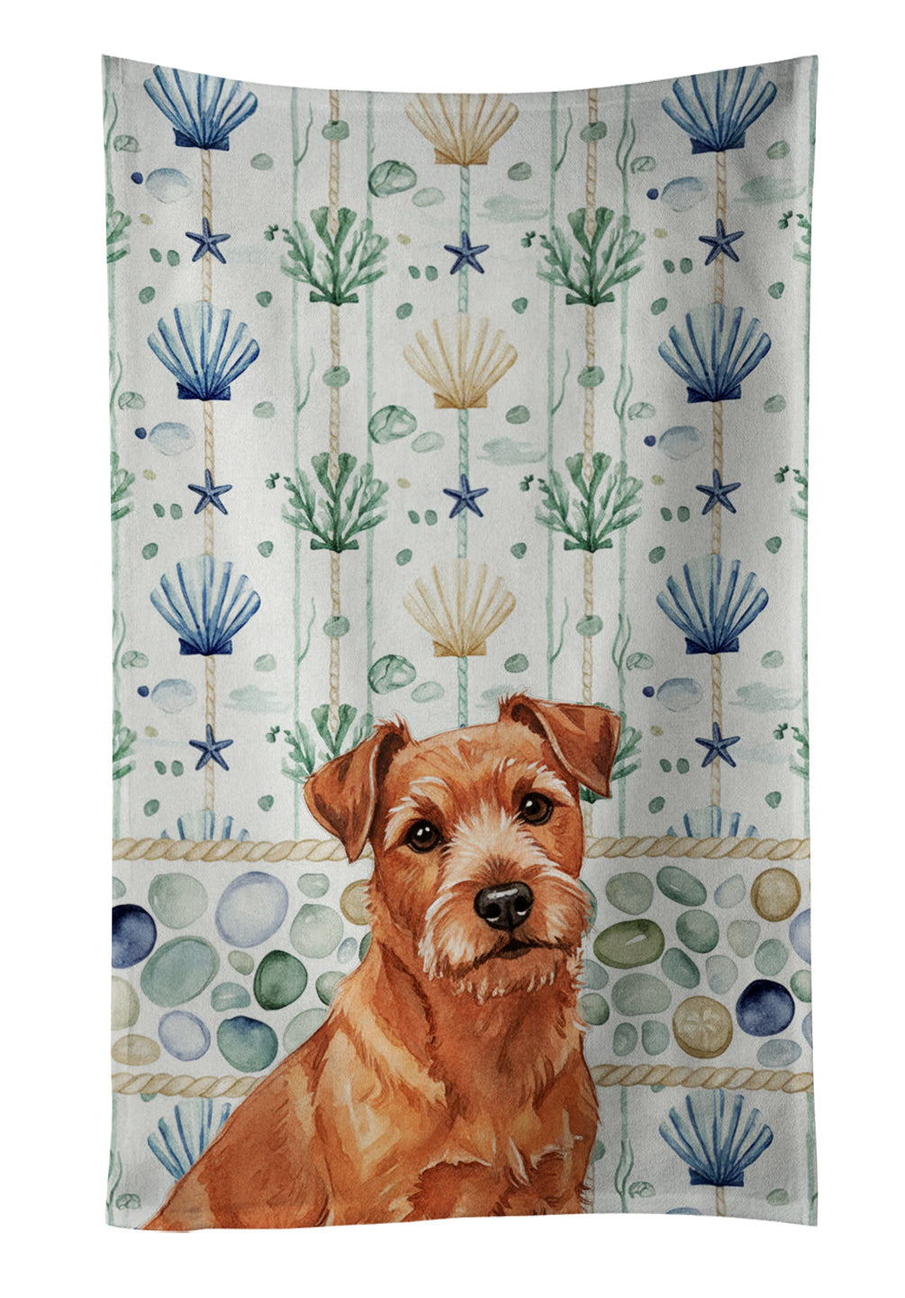 Red Norfolk Terrier Coastal Sea Glass Kitchen Towel Velour Plush Front and Cotton Loop Back Machine Washable