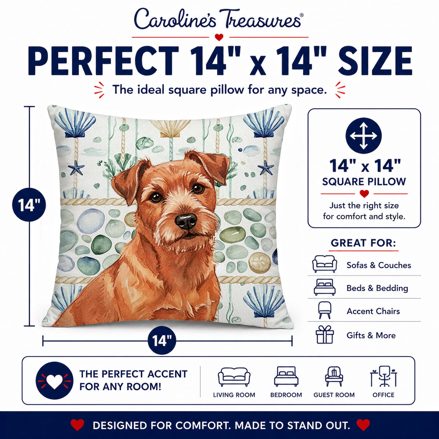 Red Norfolk Terrier Coastal Sea Glass Decorative Throw Pillow 14x14 Indoor Outdoor Accent Cushion, Fabric Cover with Insert for Sofa, Bed, Porch & Living Room