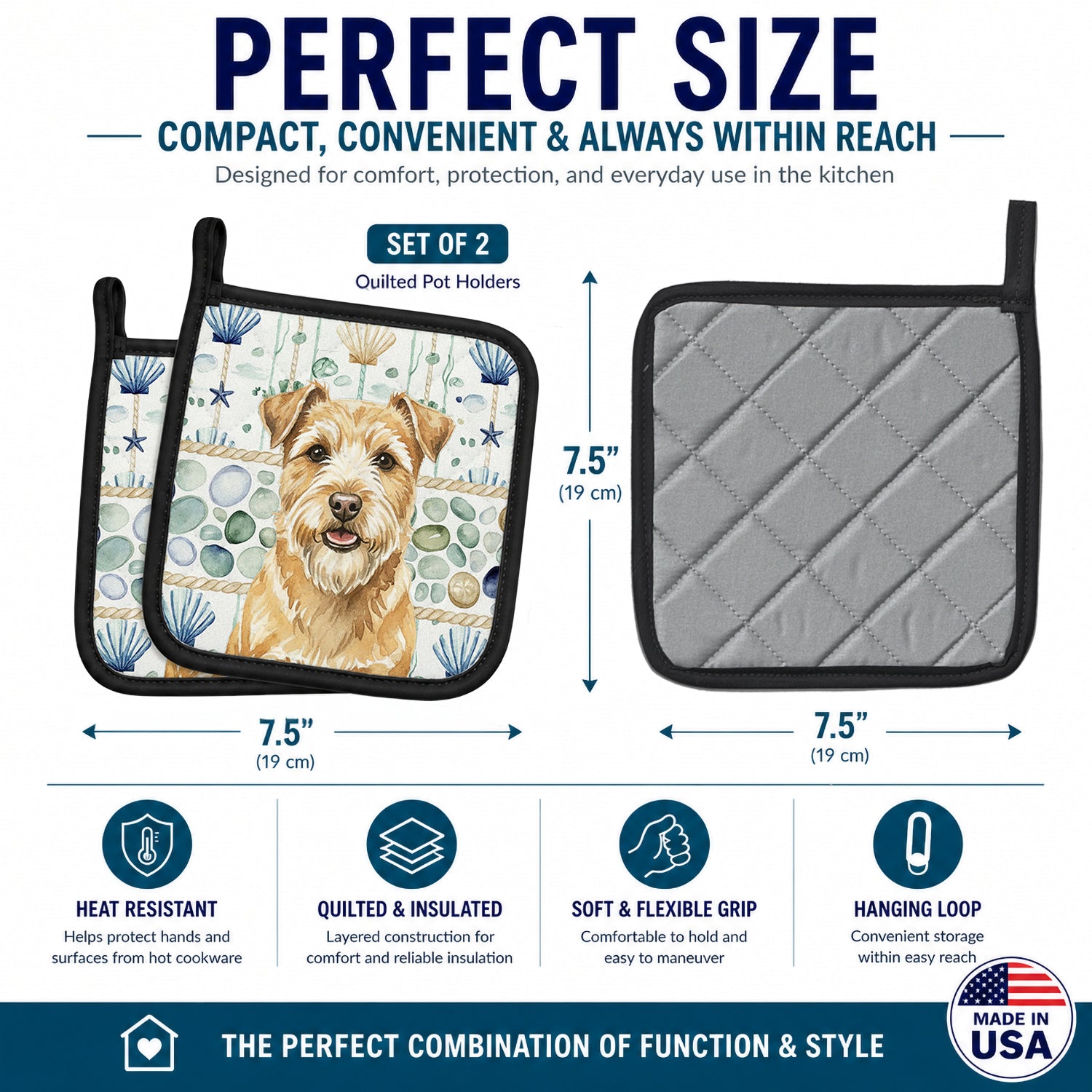 Wheaten Norfolk Terrier Coastal Sea Glass Pot Holder Set of 2 Heat Resistant Quilted Hot Pads 7.5 x 7.5 Inch, Insulated Kitchen Trivets for Cooking & Baking