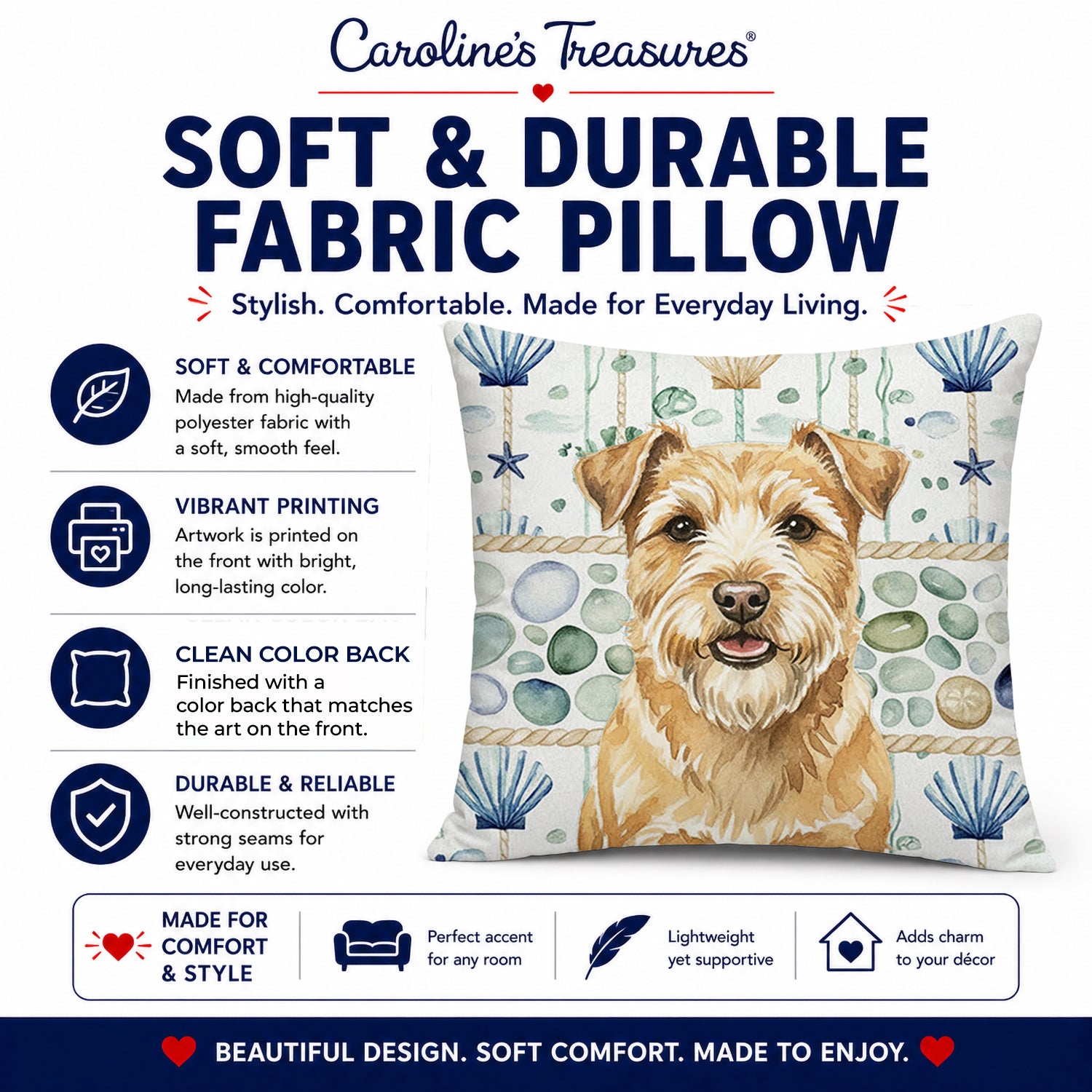 Wheaten Norfolk Terrier Coastal Sea Glass Decorative Throw Pillow 14x14 Indoor Outdoor Accent Cushion, Fabric Cover with Insert for Sofa, Bed, Porch & Living Room