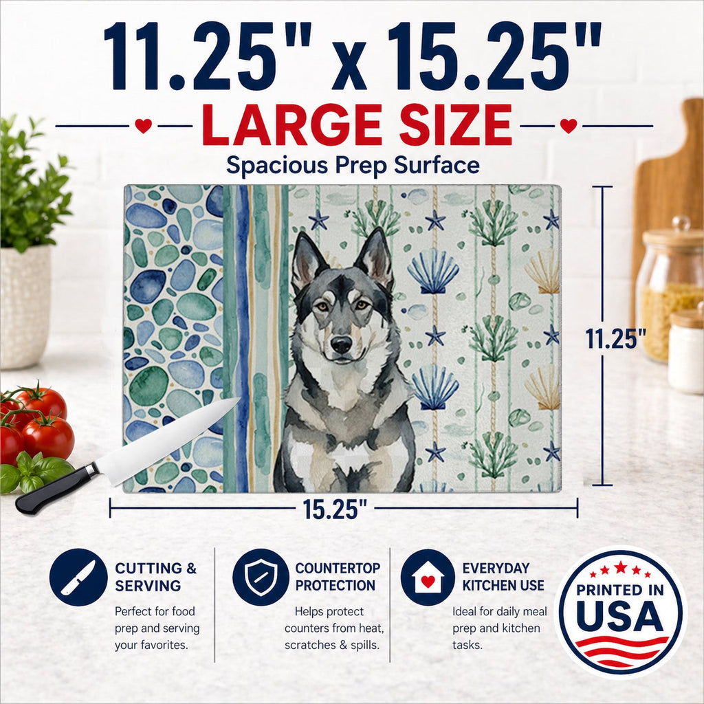 Norwegian Elkhound Coastal Sea Glass Cutting Board Tempered Glass Kitchen Cutting Surface, Heat Resistant Chopping, Non-Slip Feet, Food Prep & Serving