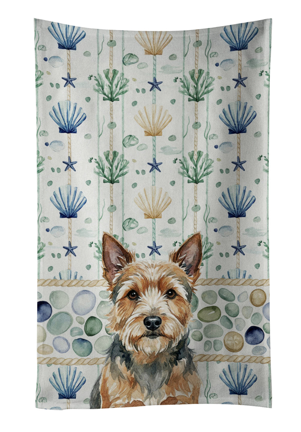 Norwich Terrier Coastal Sea Glass Kitchen Towel Velour Plush Front and Cotton Loop Back Machine Washable