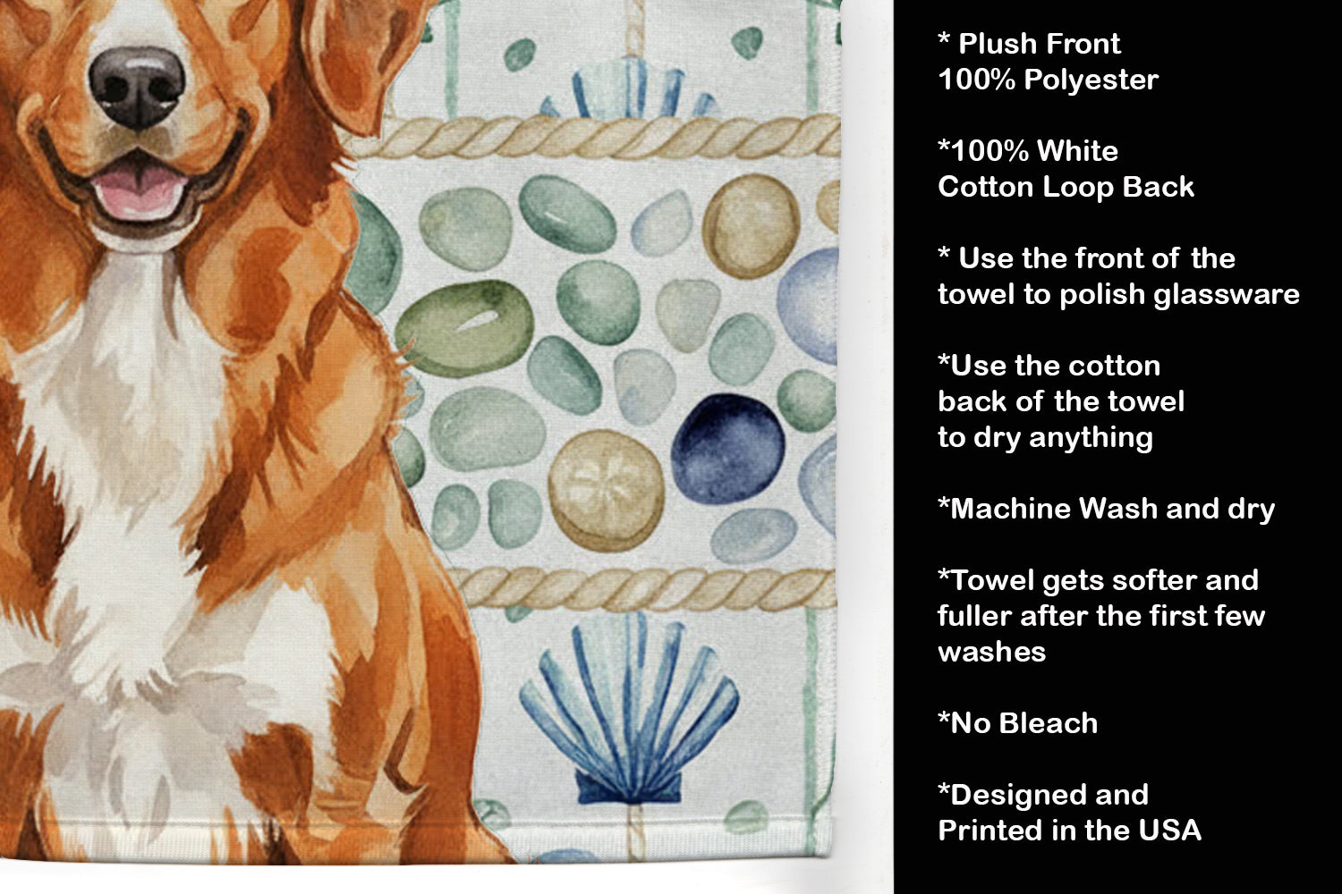 Orange Nova Scotia Duck Tolling Retriever Coastal Sea Glass Kitchen Towel Velour Plush Front and Cotton Loop Back Machine Washable