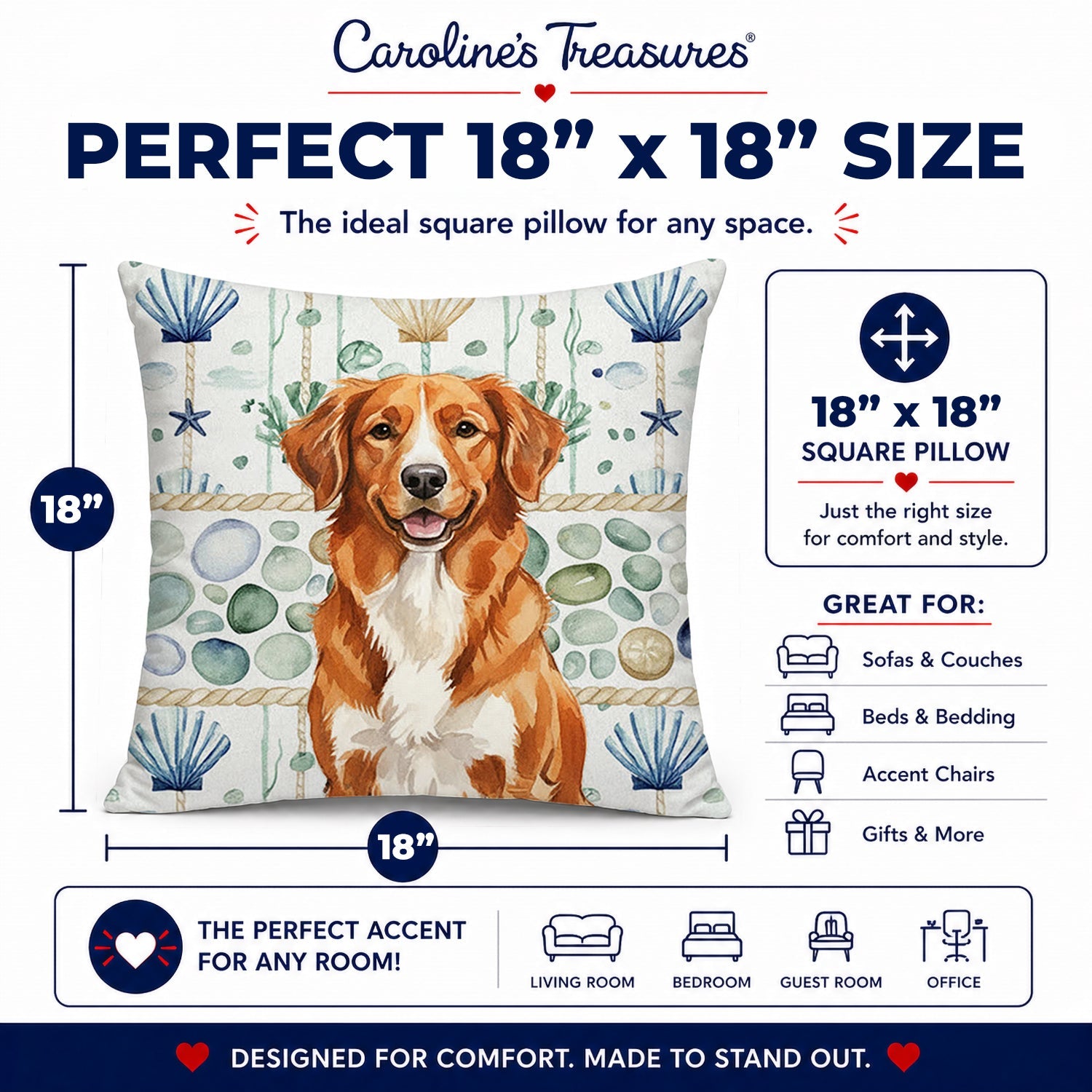 Orange Nova Scotia Duck Tolling Retriever Coastal Sea Glass Decorative Throw Pillow 18x18 Indoor Outdoor Accent Cushion, Fabric Cover with Insert for Sofa, Bed, Porch & Living Room