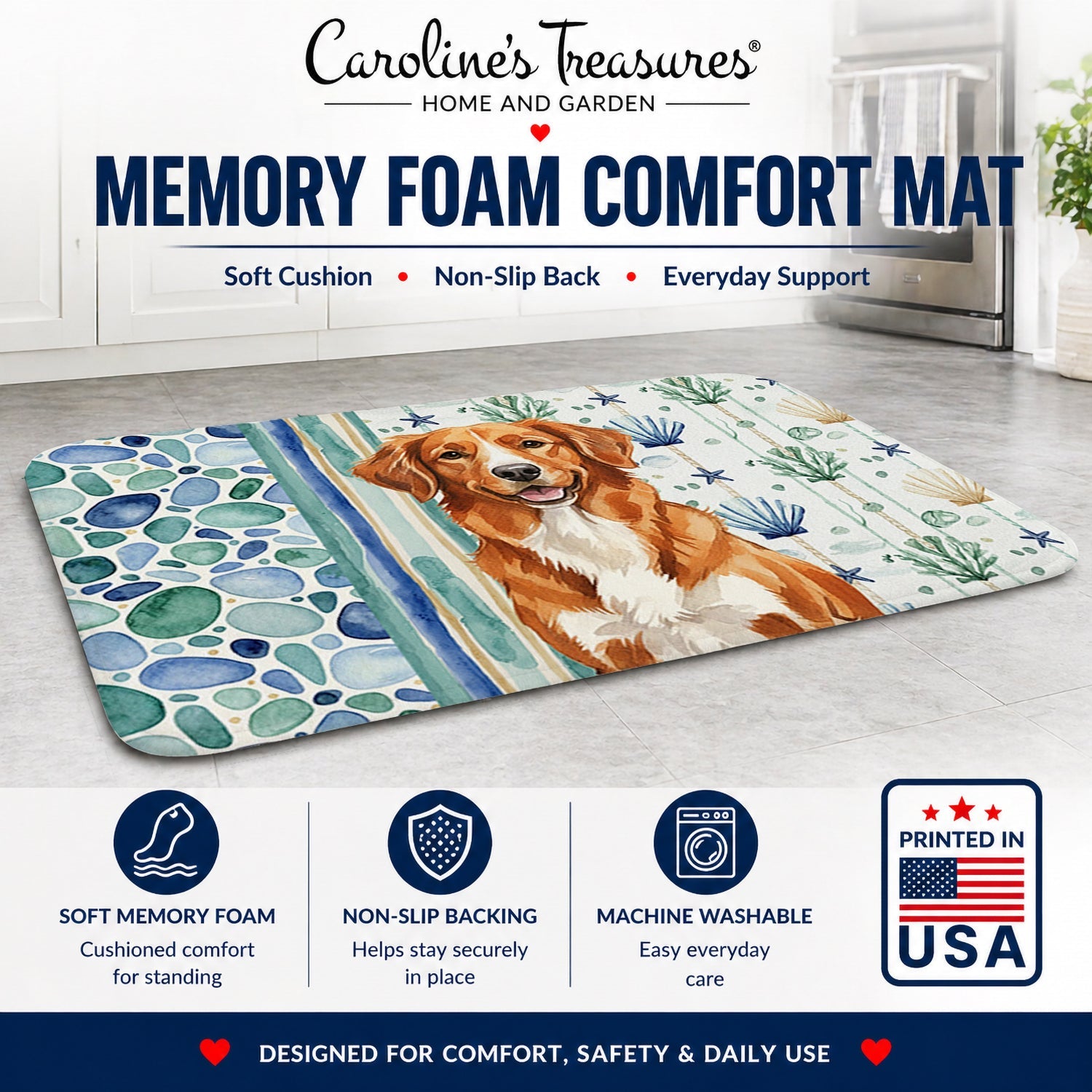 Orange Nova Scotia Duck Tolling Retriever Coastal Sea Glass Memory Foam Kitchen Mat Machine Washable Anti-Fatigue Cushion Comfort Bath or Kitchen Rug