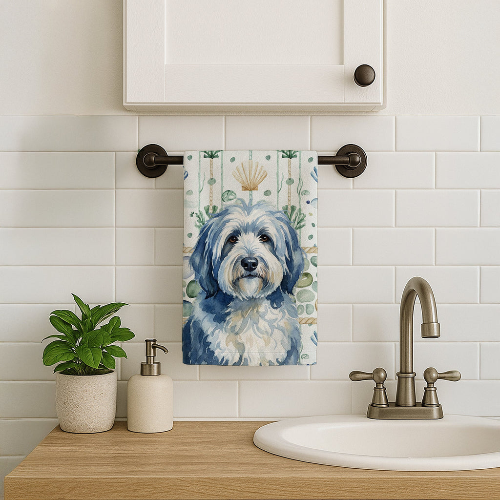 Blue and White Old English Sheepdog Coastal Sea Glass Kitchen Towel Velour Plush Front and Cotton Loop Back Machine Washable