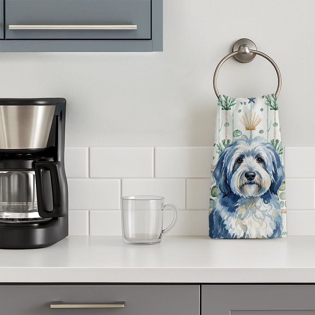 Blue and White Old English Sheepdog Coastal Sea Glass Kitchen Towel Velour Plush Front and Cotton Loop Back Machine Washable