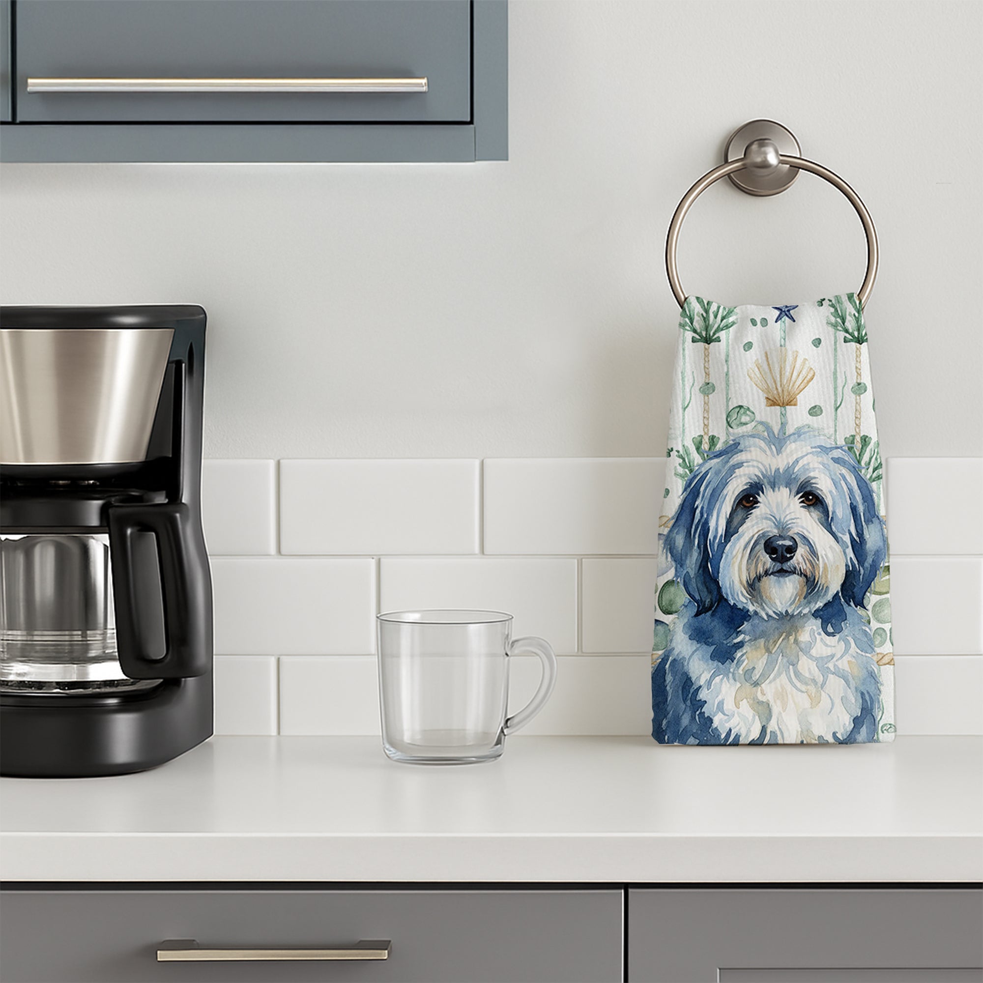 Blue and White Old English Sheepdog Coastal Sea Glass Kitchen Towel Velour Plush Front and Cotton Loop Back Machine Washable