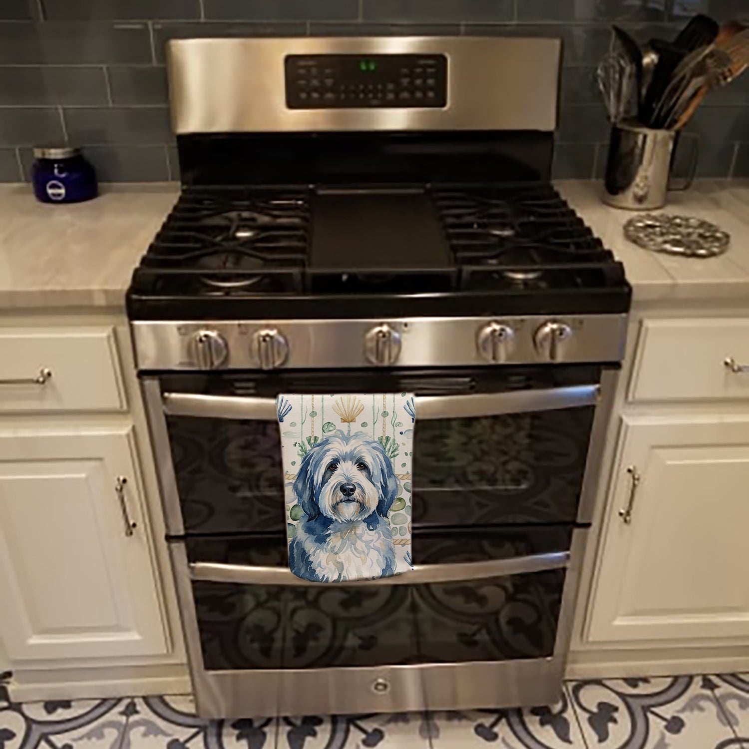 Blue and White Old English Sheepdog Coastal Sea Glass Kitchen Towel Velour Plush Front and Cotton Loop Back Machine Washable