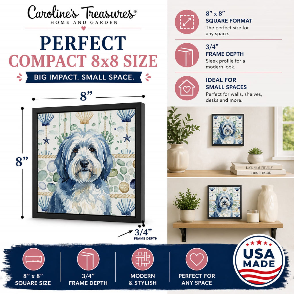 Blue and White Old English Sheepdog Coastal Sea Glass Framed Metal Print Bathroom, Kitchen, Office, Home Decor Wall Art Ready to Hang, Square, 8X8