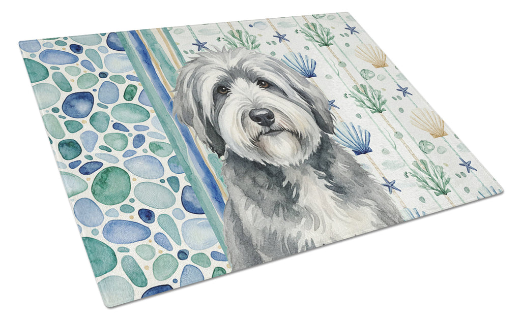 Gray and White Old English Sheepdog Coastal Sea Glass Cutting Board Tempered Glass Kitchen Cutting Surface, Heat Resistant Chopping, Non-Slip Feet, Food Prep & Serving
