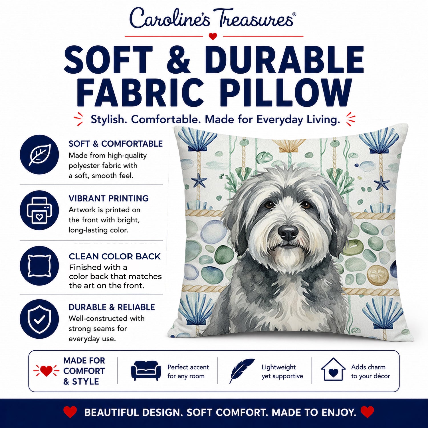 Gray and White Old English Sheepdog Coastal Sea Glass Decorative Throw Pillow 14x14 Indoor Outdoor Accent Cushion, Fabric Cover with Insert for Sofa, Bed, Porch & Living Room