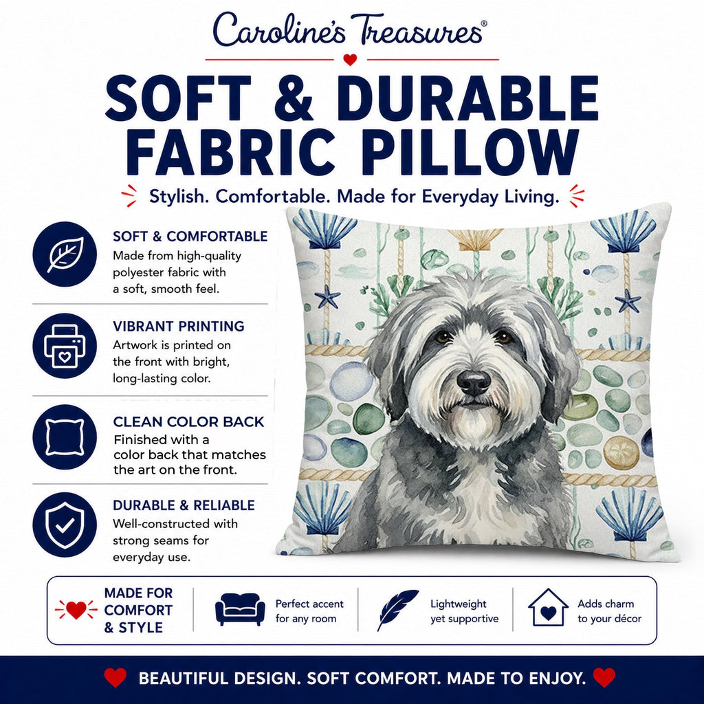Gray and White Old English Sheepdog Coastal Sea Glass Decorative Throw Pillow 18x18 Indoor Outdoor Accent Cushion, Fabric Cover with Insert for Sofa, Bed, Porch & Living Room