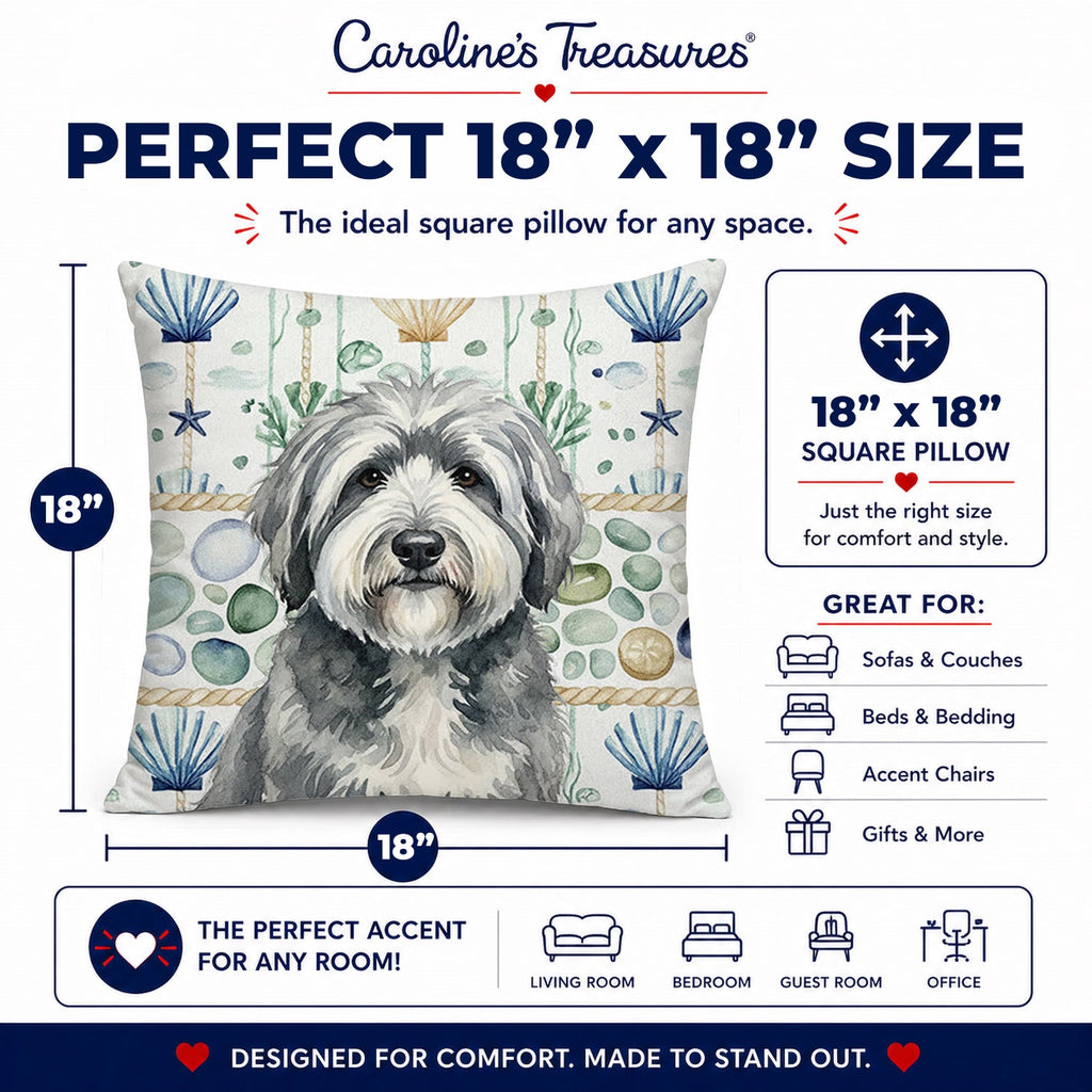 Gray and White Old English Sheepdog Coastal Sea Glass Decorative Throw Pillow 18x18 Indoor Outdoor Accent Cushion, Fabric Cover with Insert for Sofa, Bed, Porch & Living Room