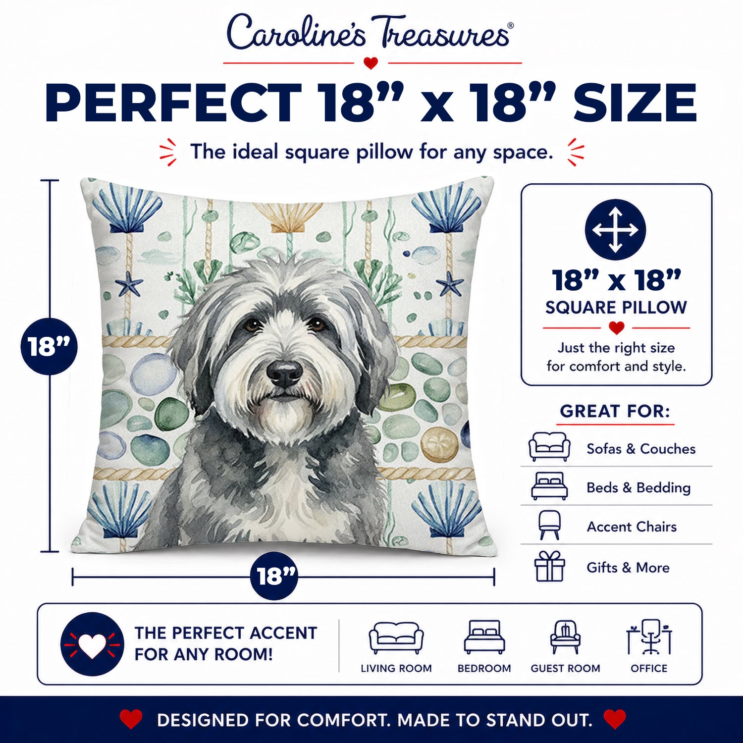 Gray and White Old English Sheepdog Coastal Sea Glass Decorative Throw Pillow 18x18 Indoor Outdoor Accent Cushion, Fabric Cover with Insert for Sofa, Bed, Porch & Living Room