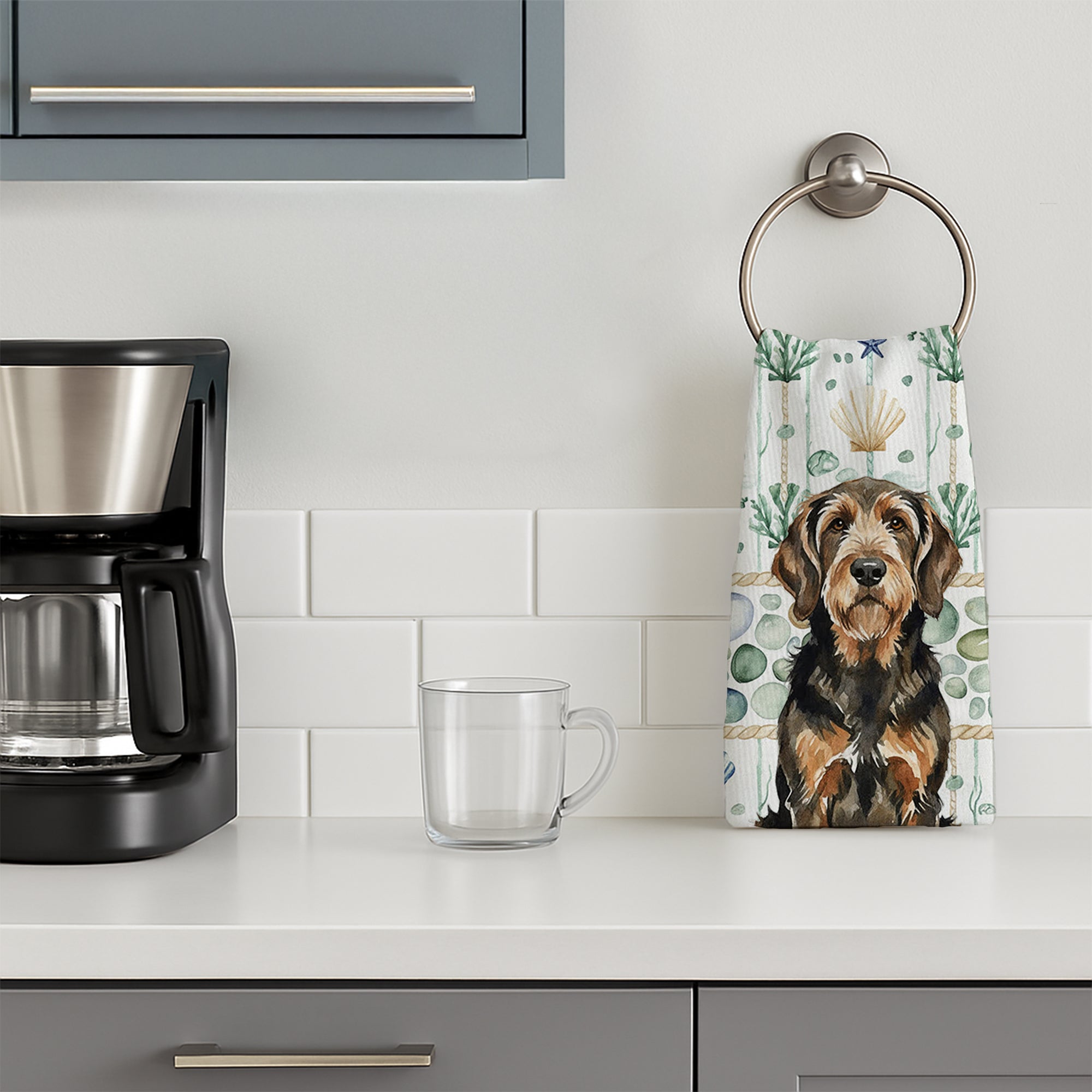 Black and Tan Otterhound Coastal Sea Glass Kitchen Towel Velour Plush Front and Cotton Loop Back Machine Washable
