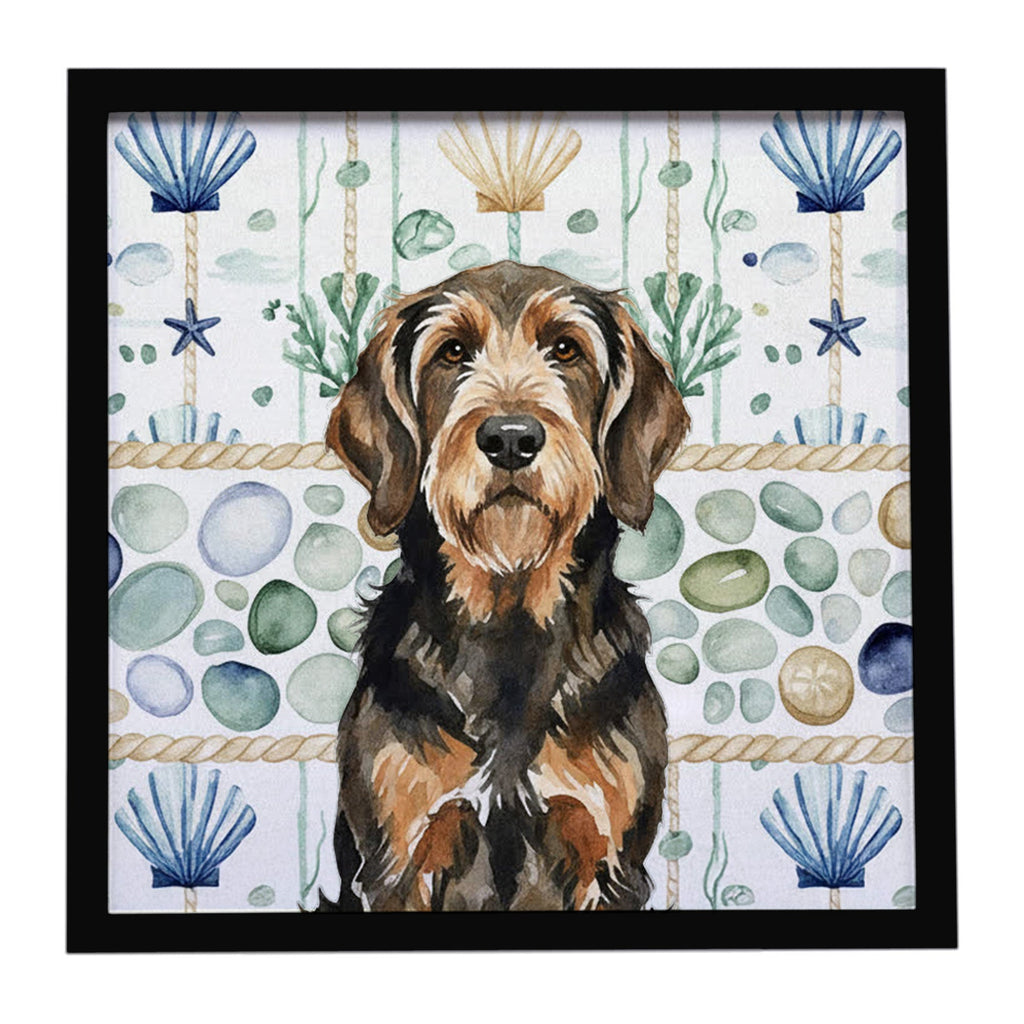 Black and Tan Otterhound Coastal Sea Glass Framed Metal Print Bathroom, Kitchen, Office, Home Decor Wall Art Ready to Hang, Square, 8X8