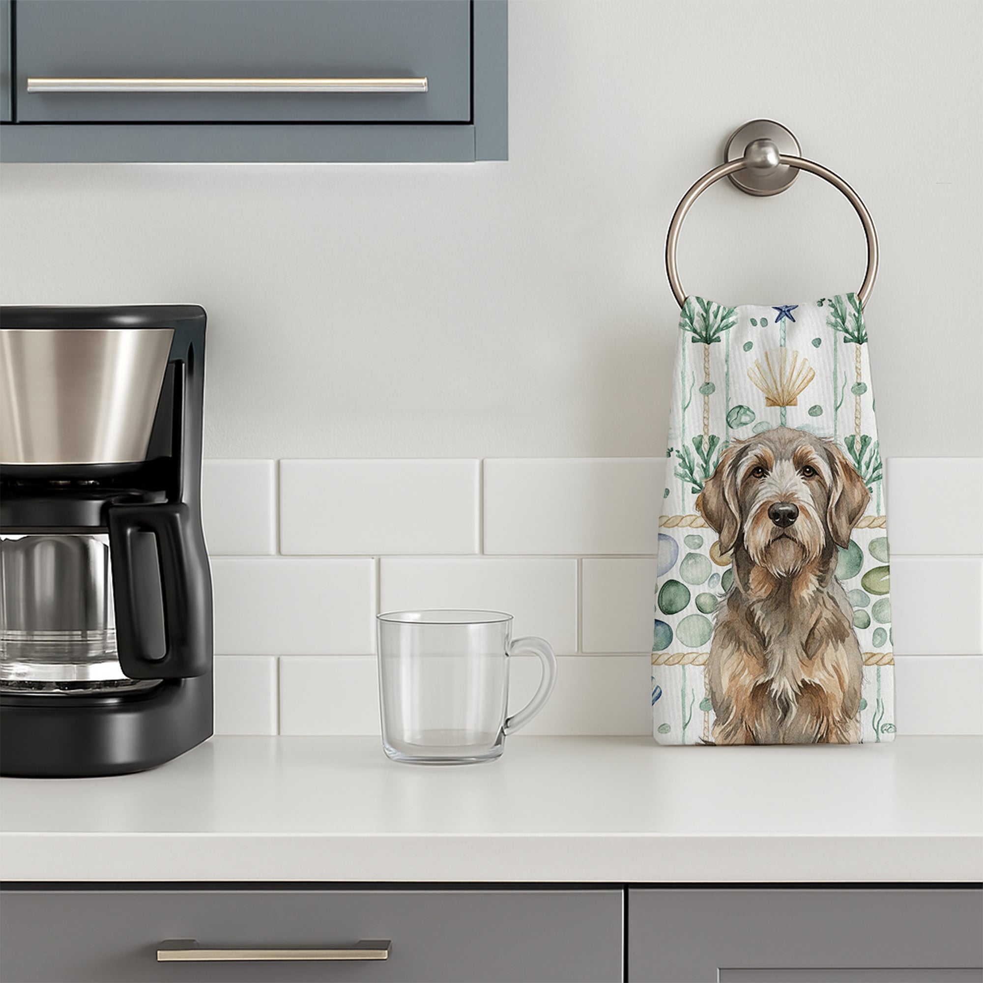 Grizzle and Tan Otterhound Coastal Sea Glass Kitchen Towel Velour Plush Front and Cotton Loop Back Machine Washable