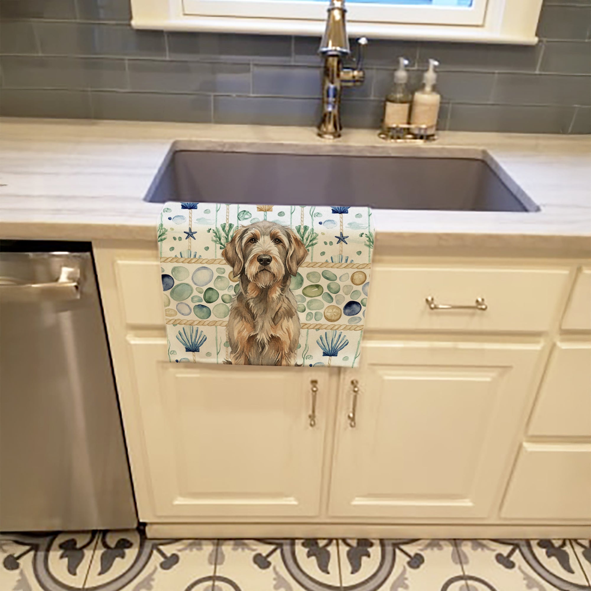 Grizzle and Tan Otterhound Coastal Sea Glass Kitchen Towel Velour Plush Front and Cotton Loop Back Machine Washable
