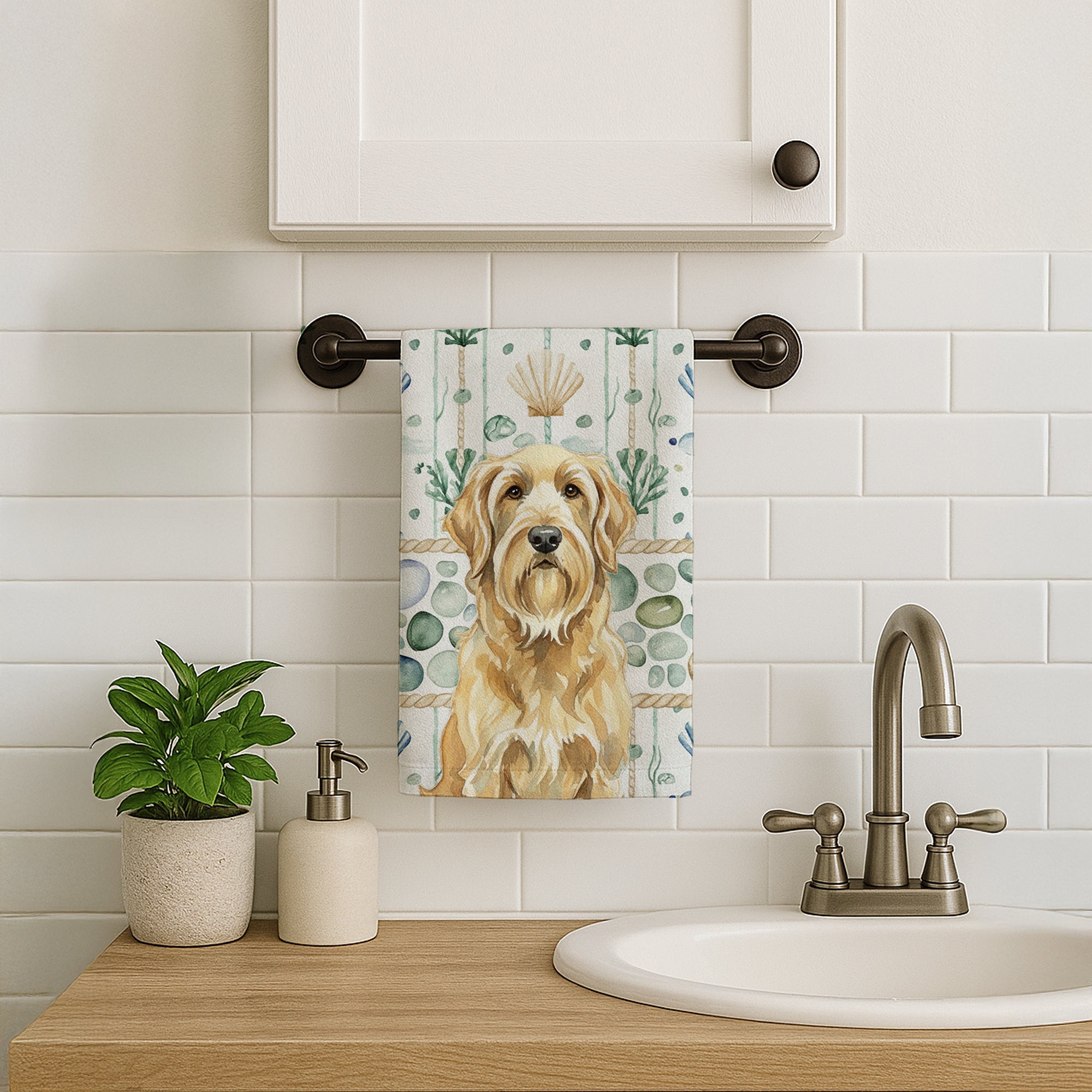 Wheaten and Tan Otterhound Coastal Sea Glass Kitchen Towel Velour Plush Front and Cotton Loop Back Machine Washable