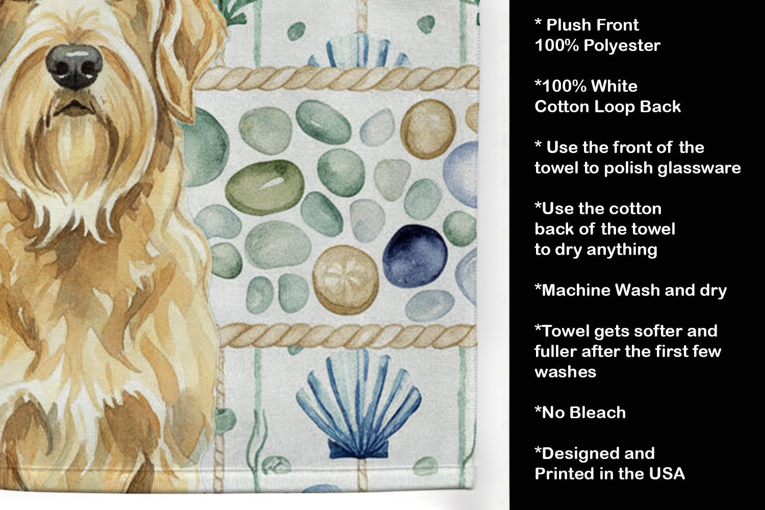 Wheaten and Tan Otterhound Coastal Sea Glass Kitchen Towel Velour Plush Front and Cotton Loop Back Machine Washable