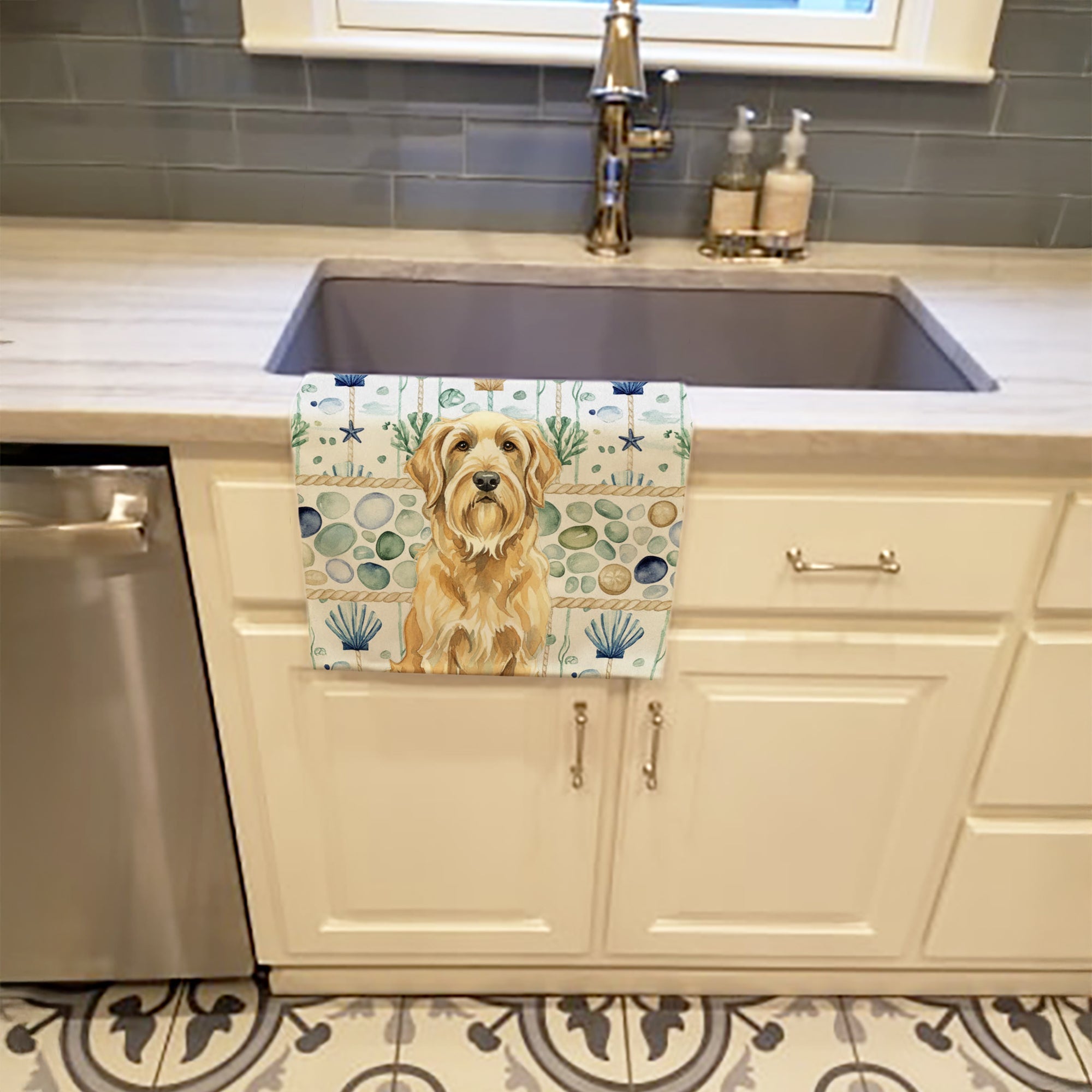 Wheaten and Tan Otterhound Coastal Sea Glass Kitchen Towel Velour Plush Front and Cotton Loop Back Machine Washable