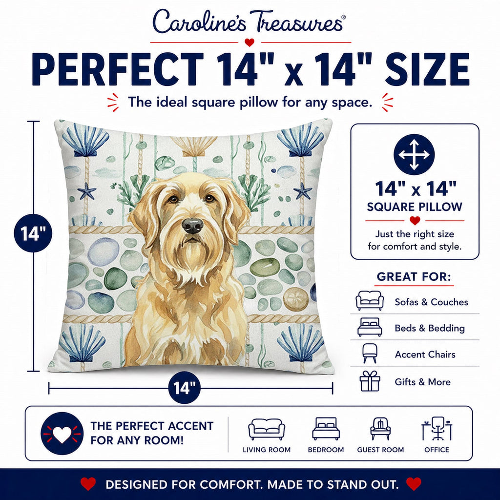 Wheaten and Tan Otterhound Coastal Sea Glass Decorative Throw Pillow 14x14 Indoor Outdoor Accent Cushion, Fabric Cover with Insert for Sofa, Bed, Porch & Living Room